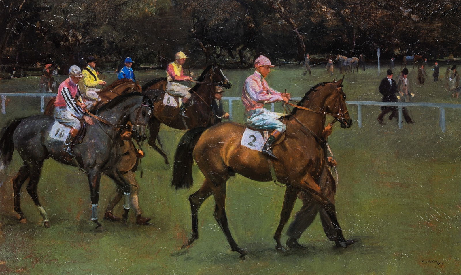 After Sir Alfred James Munnings: Going Out at Kempton Giclee on board 20 1/8 x 33 inches (51 x 83.8 cm) (Framed 27 3/4 x 40 5/8 inches)