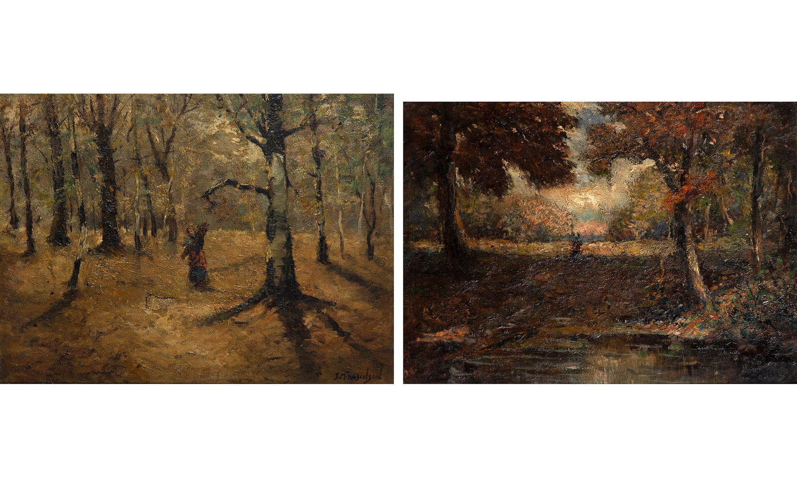 J. M. Robinson: 19th/20th Century Faggot Gatherer and A Forest Clearing: Two Each signed J. M. Robinson (lr) Oil on canvas 12 x 16 (30.5 x 41 cm) and 11 1/8 x 15 inches (28.2 x 38.1 cm), respectively Dirty,