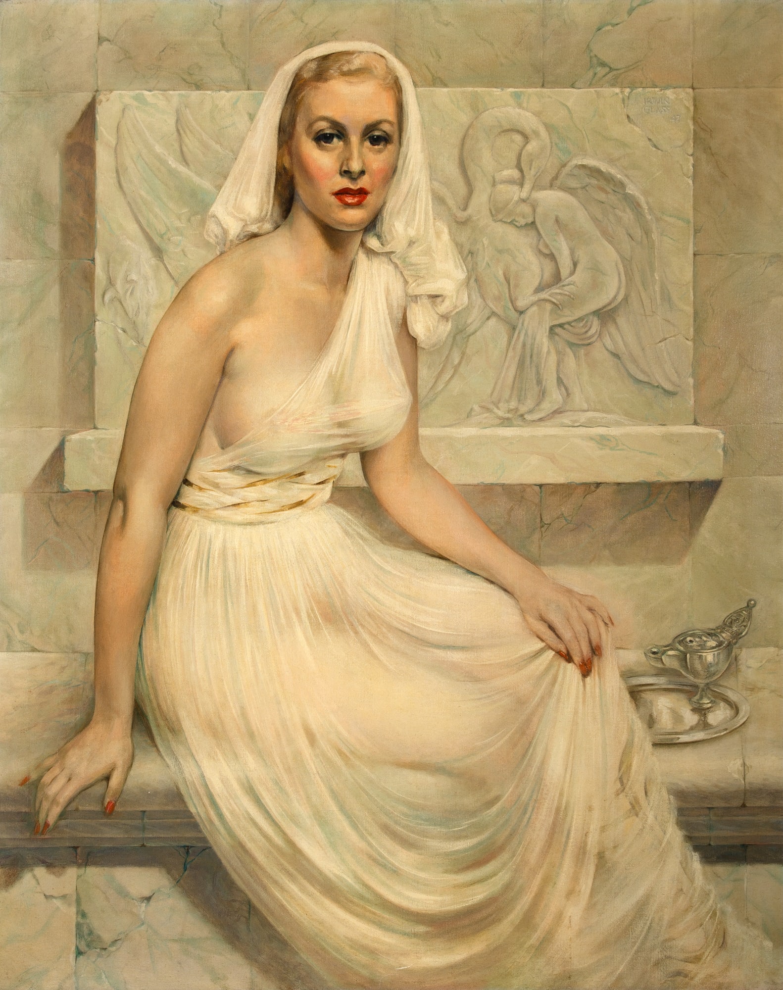 Irwin Glass: American, 20th Century Portrait of Marylou Whitney, 1947 Signed and dated Irwin Glass/47 (ul) Oil on canvas 40 x 32 inches (101.6 x 81.3 cm) (Framed 42 3/4 x 34 3/4 inches) Dirty, yellowed varnish;