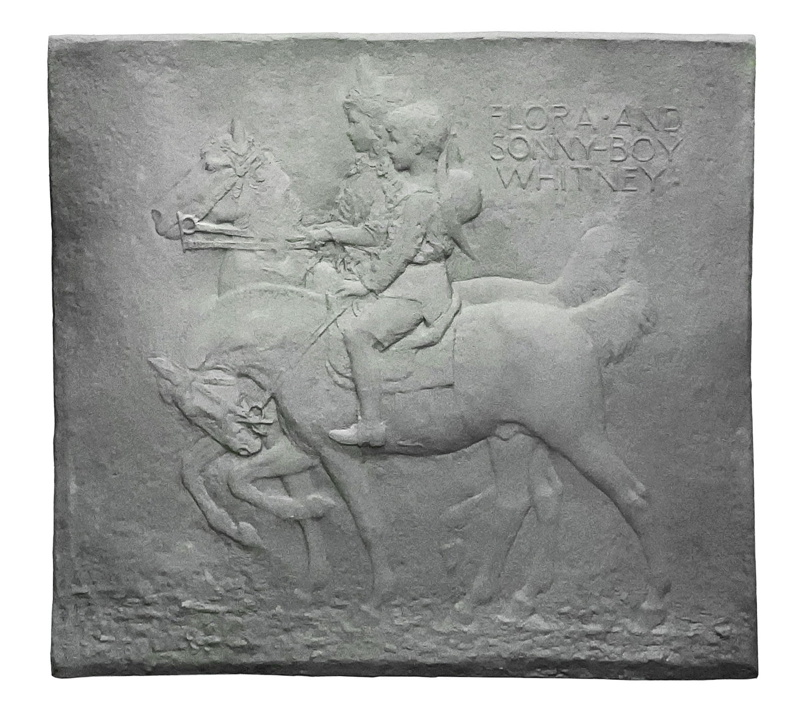 James Earle Fraser: American, 1876-1953 Flora and Sonny Boy Whitney Signed J Fraser (ll), dated 1907, inscribed as titled (ur), and further inscribed Cast by Griffoul. / Newark, N. J. (lr) Painted bronze relief 59 1/2 x