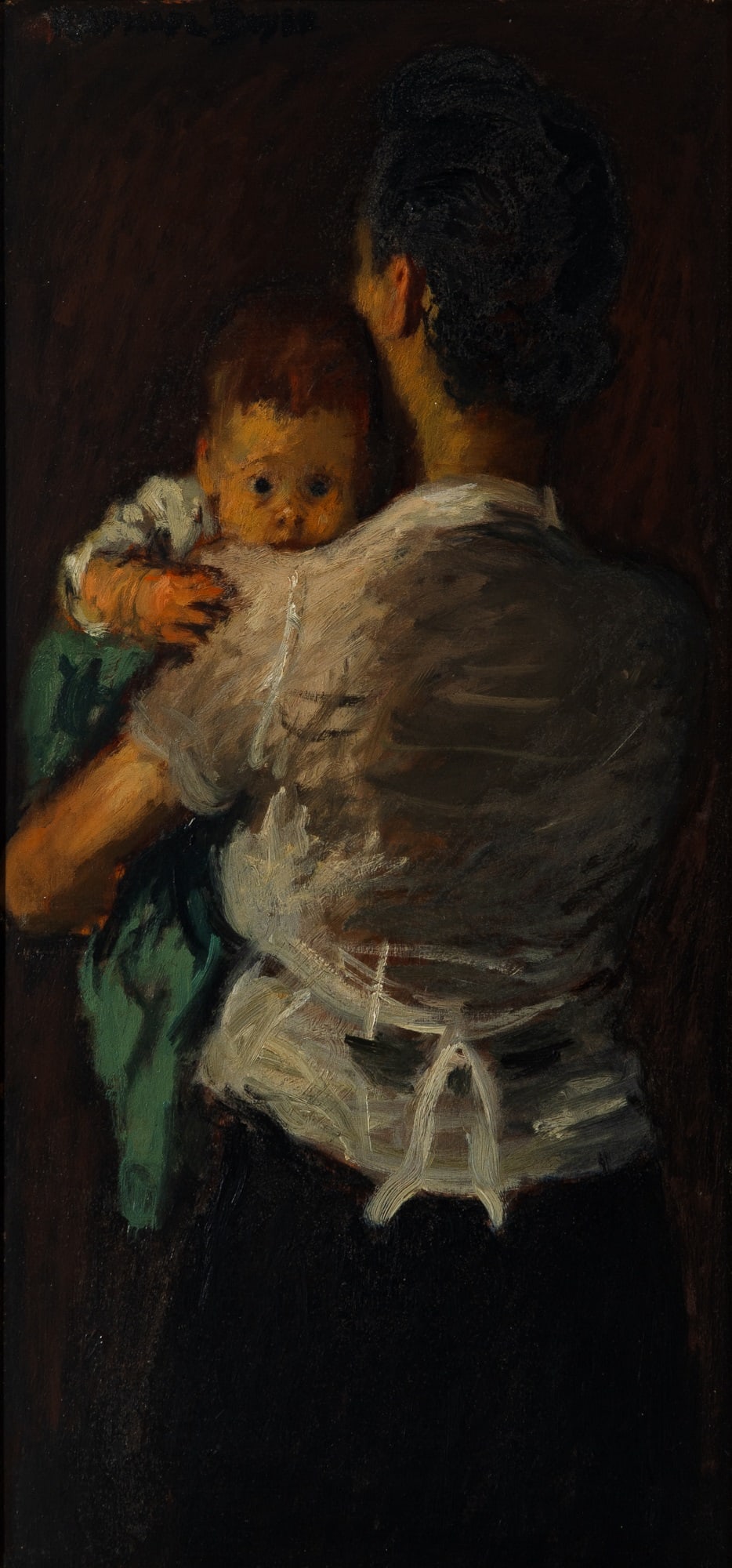 Raphael Soyer: American, 1899-1987 Mother and Child Signed RAPHAEL SOYER (ul) Oil on panel 18 1/2 x 9 inches (47 x 22.8 cm) Provenance: Associated American Artists, New York (Framed 24 x 14 5/8 inches) Dirty.