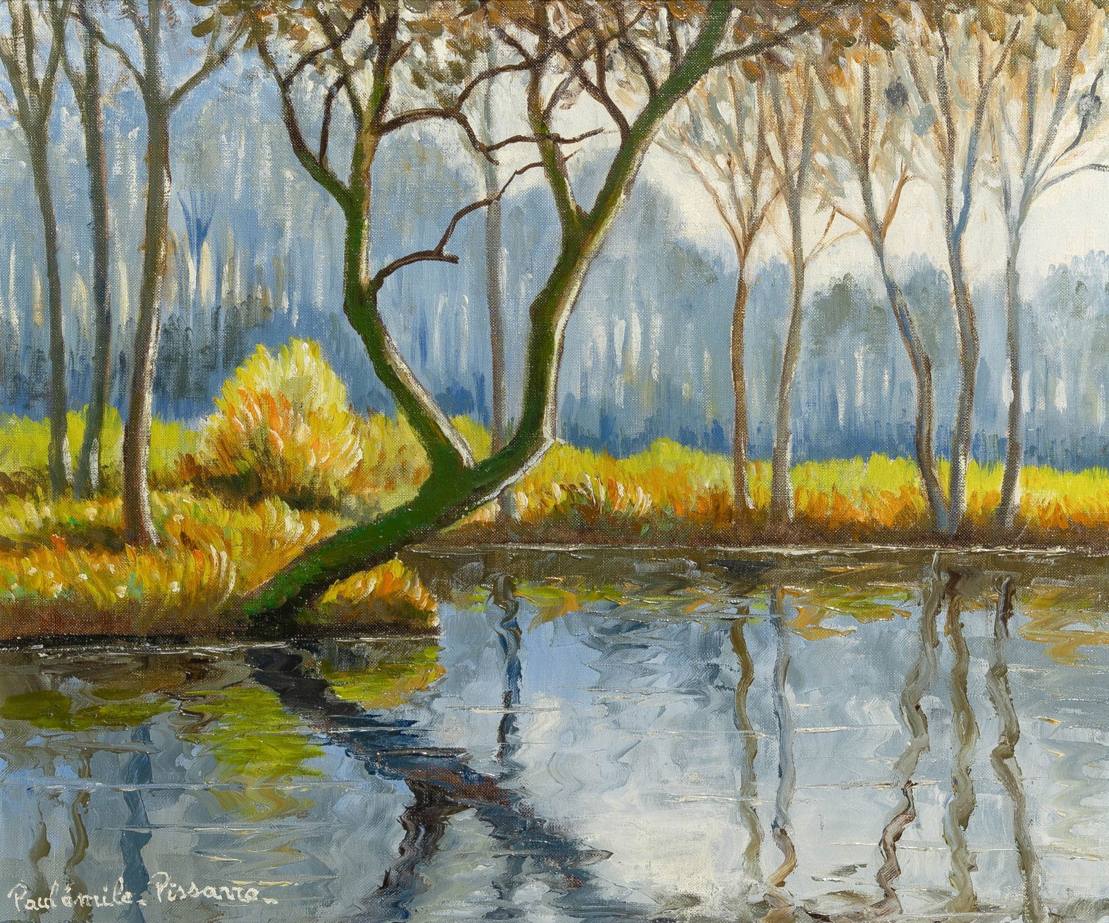 Paul-Emile Pissarro: French, 1884-1972 La Riviere Signed Paul-emile Pissarro (ll); inscribed as titled on the stretcher Oil on canvas 18 1/8 x 21 5/8 inches (46 x 55 cm) Provenance: With Wally Findlay Galleries,