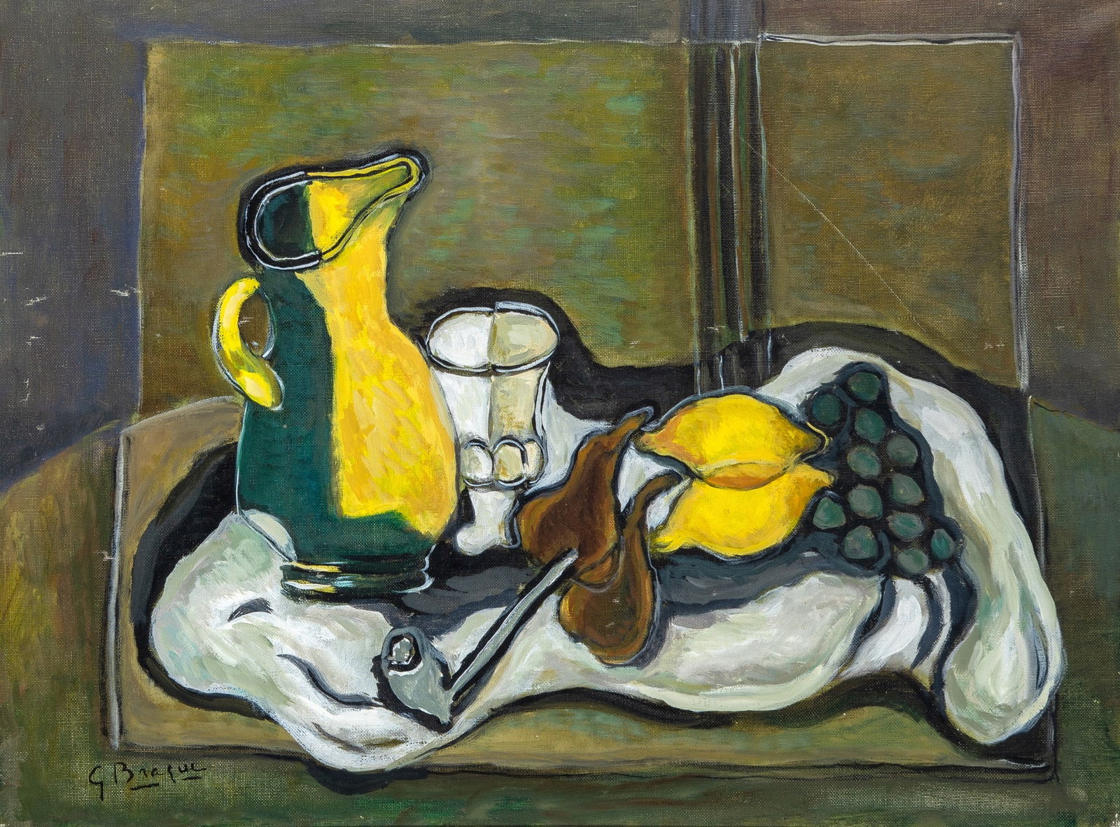 Elmyr de Hory: Hungarian, 1906-1976 Hommage to Georges Braque, Nature morte au pichet, aux fruits et a la pipe, 1970 Inscribed G. Braque (ll); signed and dated Elmyr 1970 on the reverse Oil on canvas 18 x 24 inches
