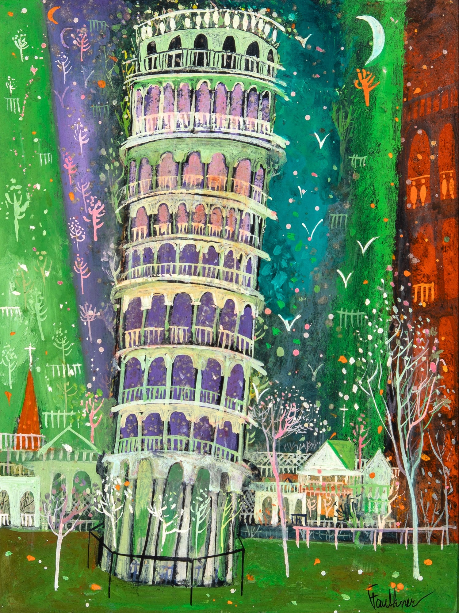 Henry Lawrence Faulkner: American, 1924-1981 The Leaning Tower of Pisa Signed Faulkner (lr) Oil on Masonite 12 3/8 x 9 3/8 inches (31.4 x 23.8 cn) (Framed 15 1/8 x 12 1/4 inches) Could use a light cleaning; frame rubbing;
