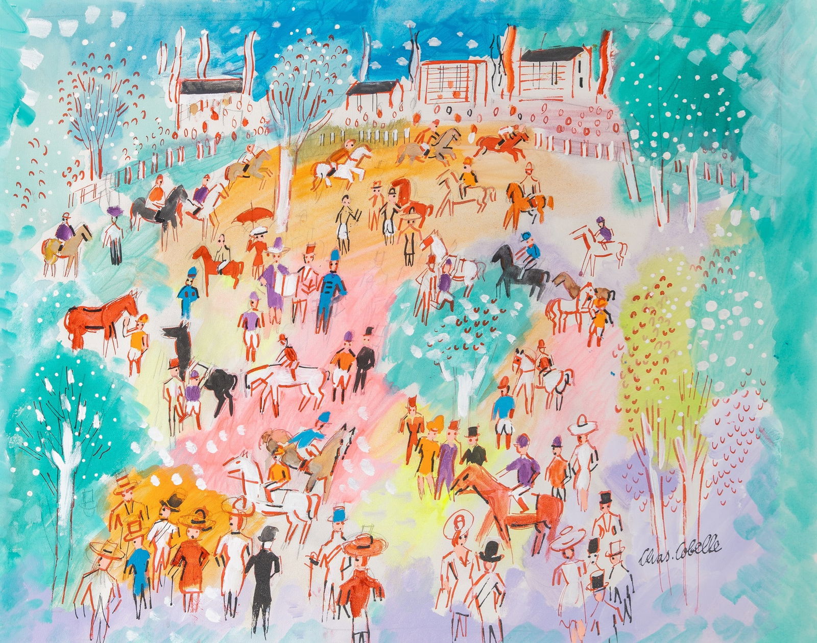 Charles Cobelle: French, 1902-1998 The Paddock Signed Chas. Cobelle (lr) Oil over traces of pencil on canvas 24 x 30 inches (61 x 76.2 cm) (Framed 30 1/4 x 36 1/4 inches) In overall good condition; no apparent