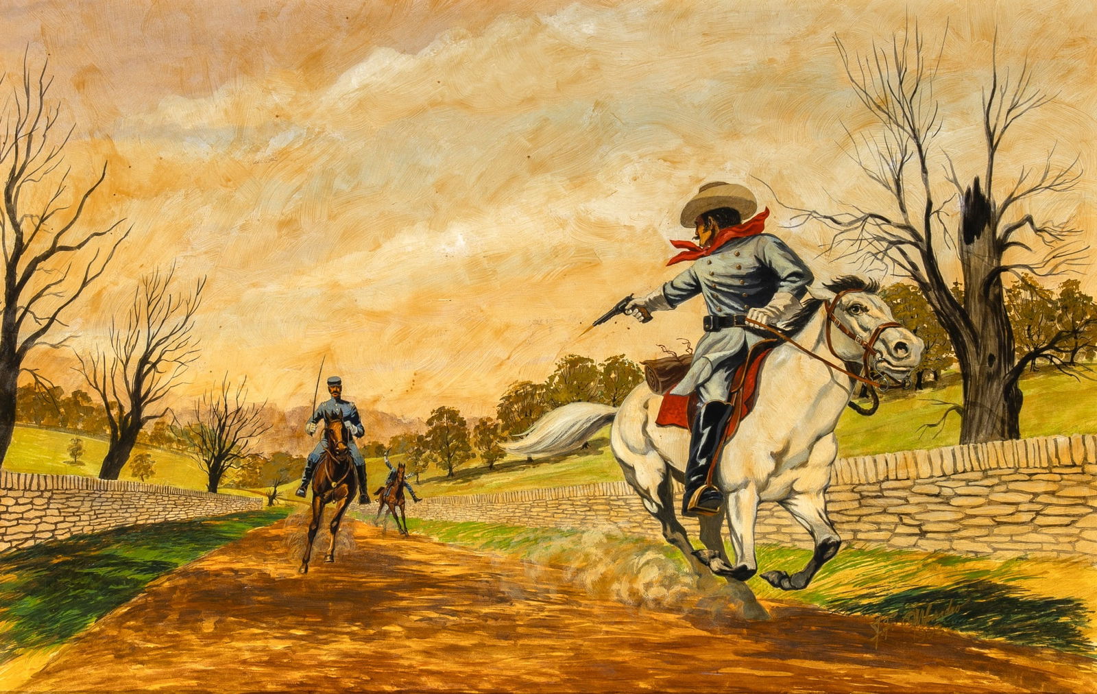 James F. Omohundro: American, 20th Century The Chase, 1968 Signed and dated J. F. Omohundro/ 1968 (lr); inscribed along the top margin Texas Jack Omohundro... Scout for JEB Stuart's Confederate Cavalry Racing for