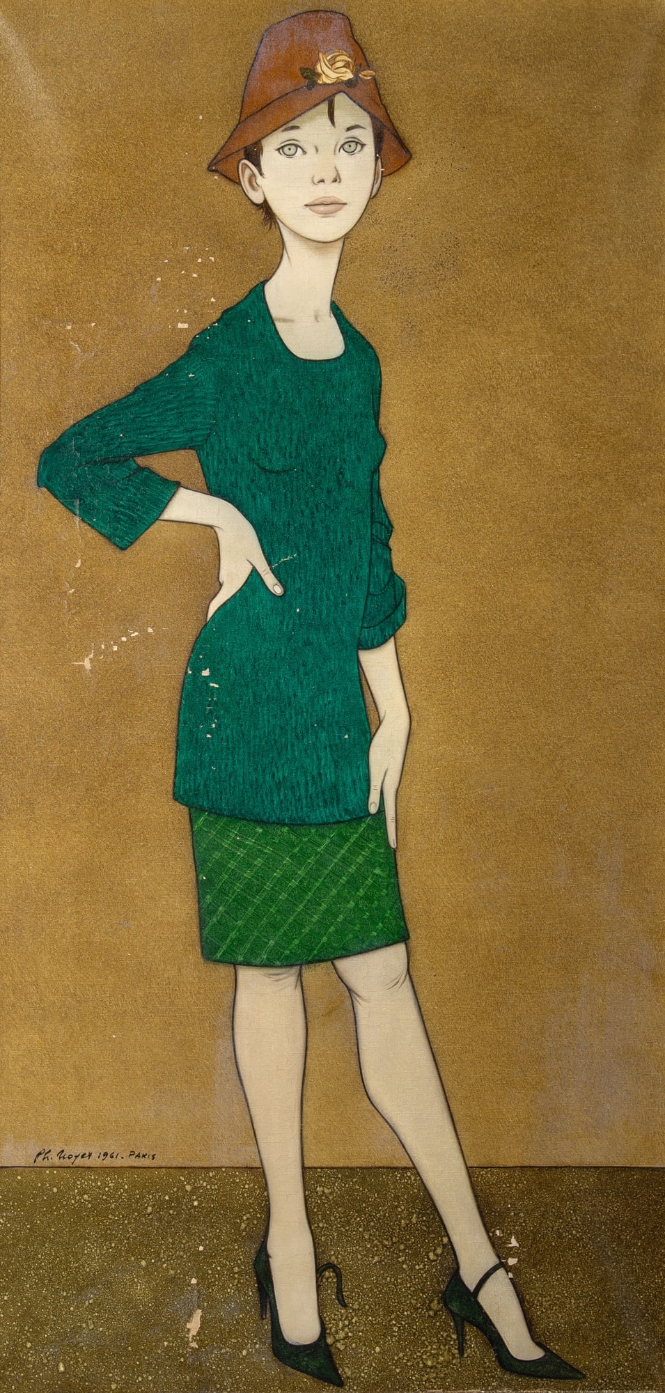 Philippe Henri Noyer: French, 1917-1985 Woman in Green, 1961 Signed and dated Ph. Noyer 1961. Paris (ll) Oil on canvas 39 1/2 x 19 1/2 inches (100.3 x 49.5 cm) Provenance: Hammer Galleries, New York (Framed 45 x 25 1/2