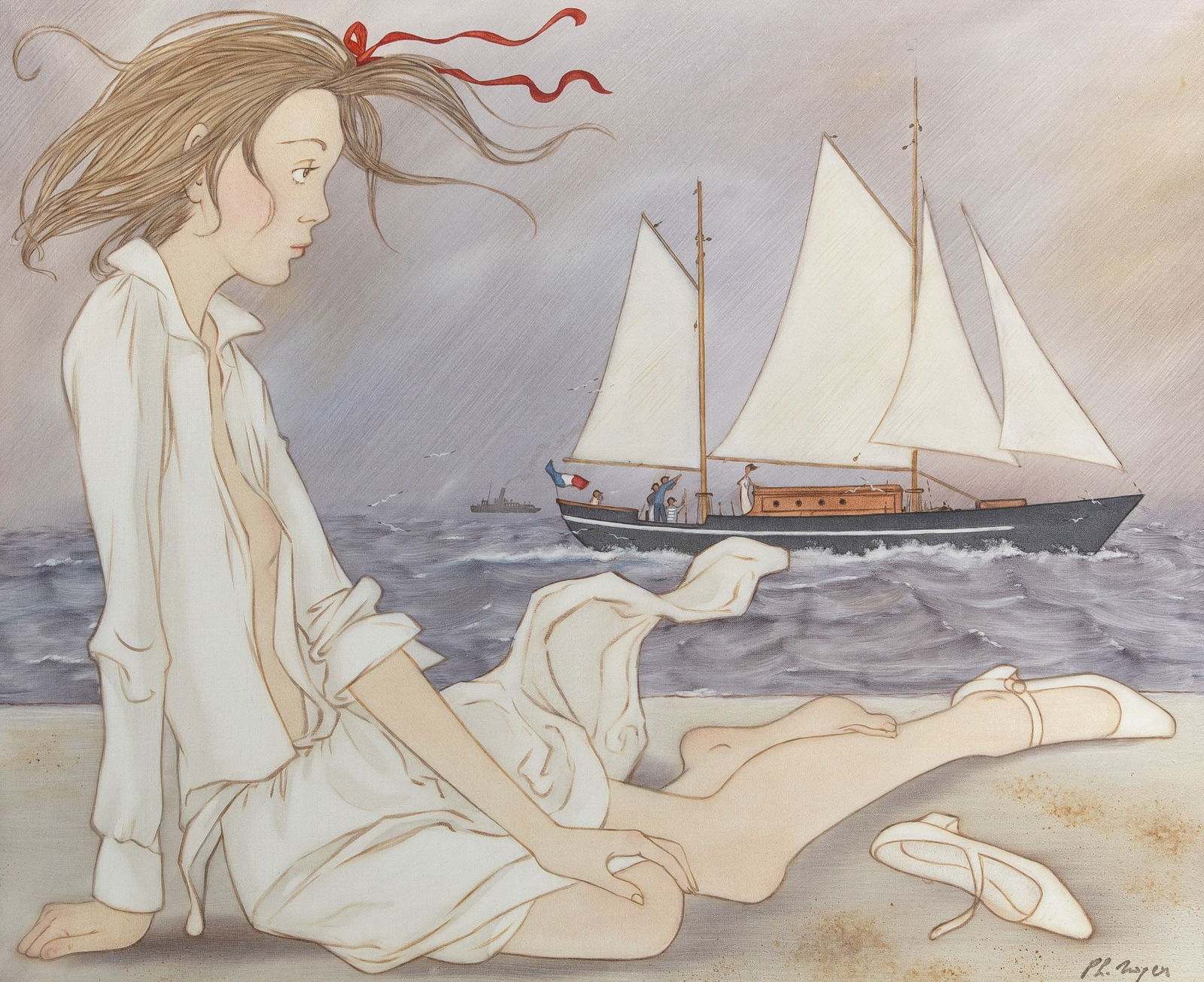 Philippe Henri Noyer: French, 1917-1985 Longing Signed Ph. Noyer (lr) Oil on canvas 21 1/4 x 25 1/5 inches (54 x 64.8 cm) (Framed 32 5/8 x 37 1/2 inches) Dirty varnish; minor frame rubbing; no apparent restoration.