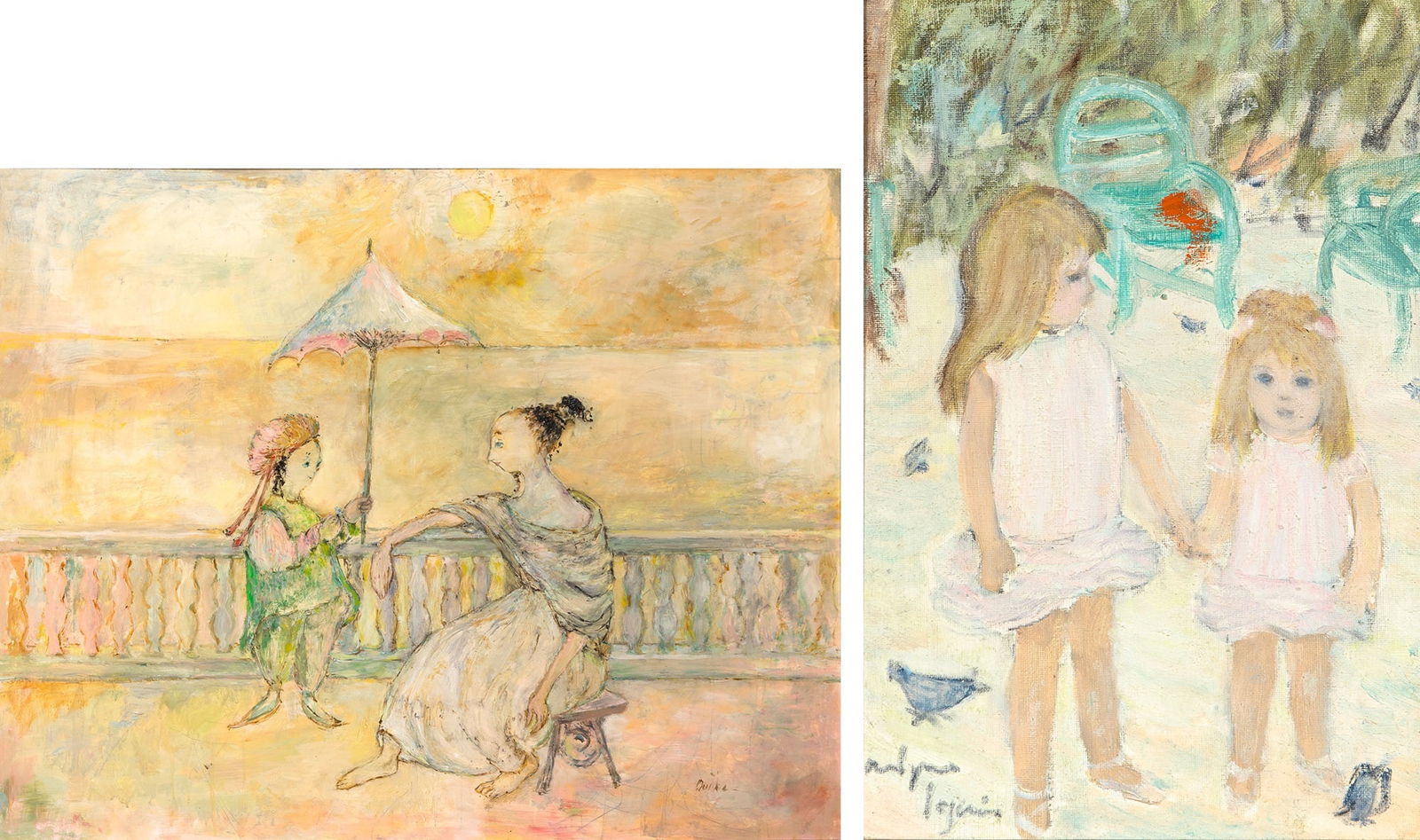 (i) Jocelyne Seguin: French, 1921-1999 Les Petitet Soeurs Signed Jocelyn Seguin (ll); signed and titled on the reverse Oil on canvas 13 3/4 x 9 1/2 inches (35 x 24.1 cm) Provenance: Findlay Galleries, Palm Beach (ii)