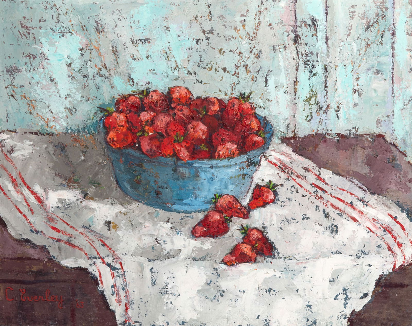 Cecil Everley: French/American, b. circa 1910-1989 Blue Bowl of Strawberries, 1963 Signed and dated C. Everley '63 (ll) Oil on canvas 16 x 20 inches (40.7 x 50.8 cm) (Framed 23 x 27 1/4 inches) Water stain on the