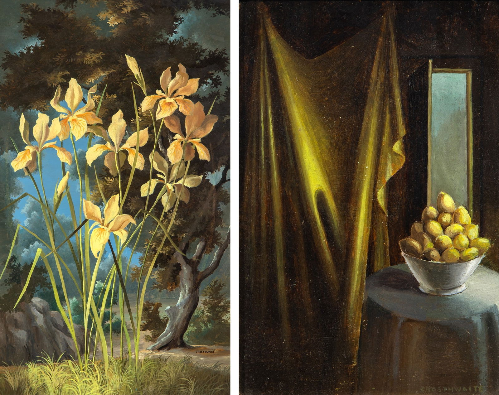 Paul Crosthwaite: American, 1911-1981 (i) Still Life with Drape and Lemons Signed CROSTHWAITE (lr) Oil on Masonite 7 x 5 inches (17.8 x 12.7 cm) (ii) Yellow Iris Signed CROSTHWAITE (lr) Oil on board 19 7/8 x 11 13/16
