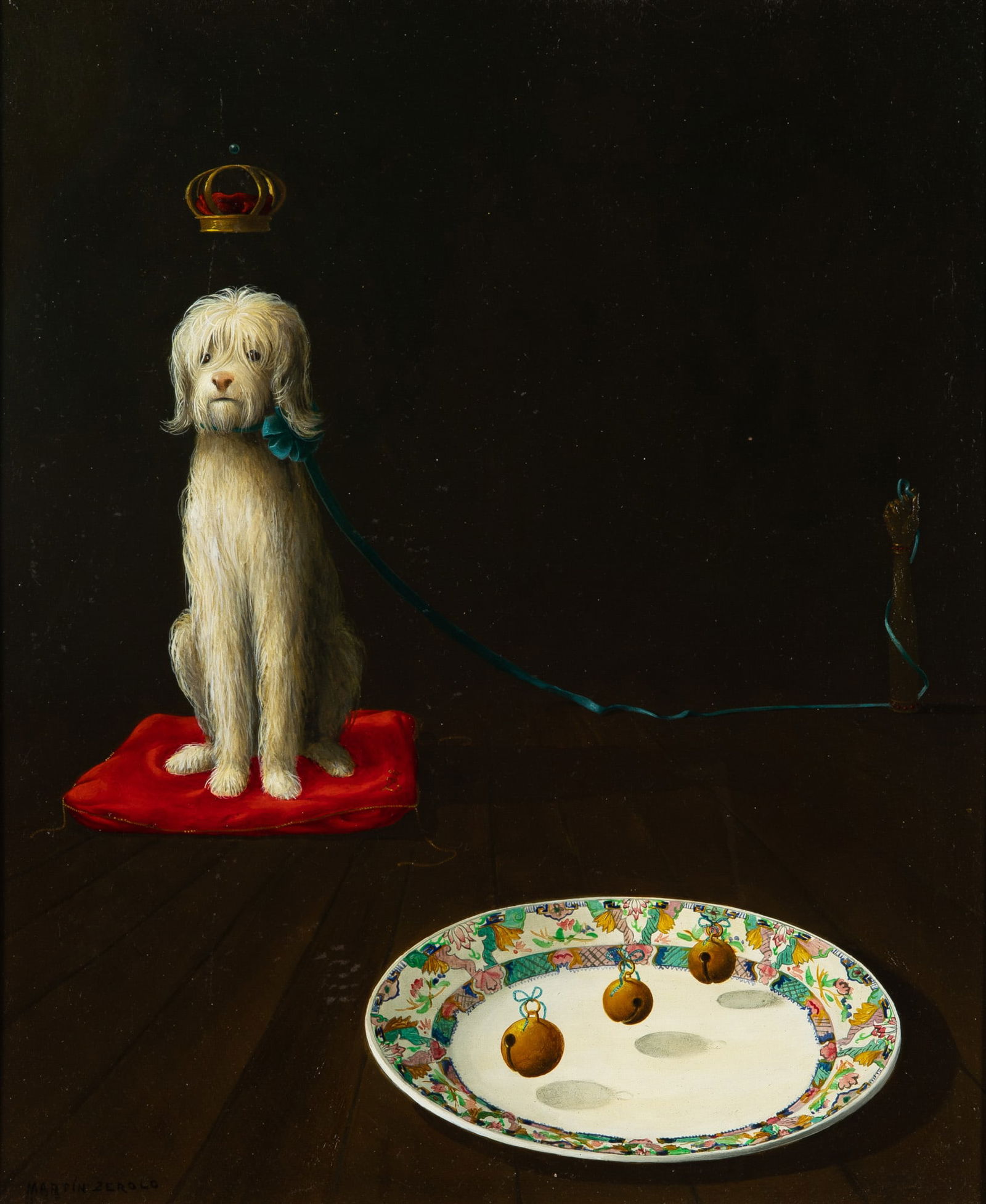 Martin Zerolo Valderrama: Spanish, 1928-2003 Princely Pup Signed Martin Zerolo (ll) Oil on Masonite 18 1/8 x 15 inches (46 x 38.1 cm) (Framed 23 1/4 x 20 1/8 inches) Could use a light cleaning; frame rubbing; several small
