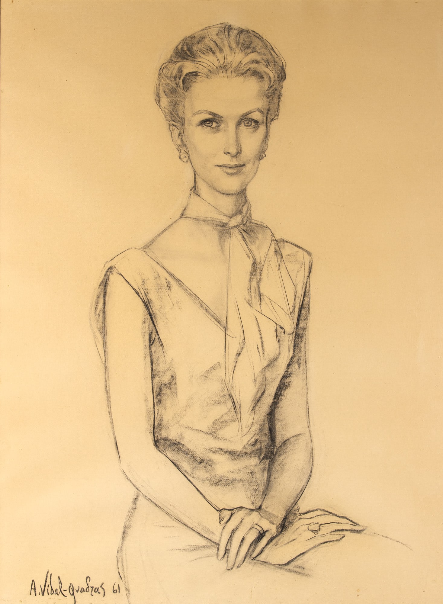 Alejo Vidal Quadras: Spanish, 1919-1994 Portrait of Marylou Whitney, 1961 Signed and dated A. Vidal-Quadras 61 (ll) Charcoal on paper 38 1/2 x 28 1/2 inches (97.8 x 72.4 cm) (Framed 48 x 37 7/8 inches) Lightly toned;
