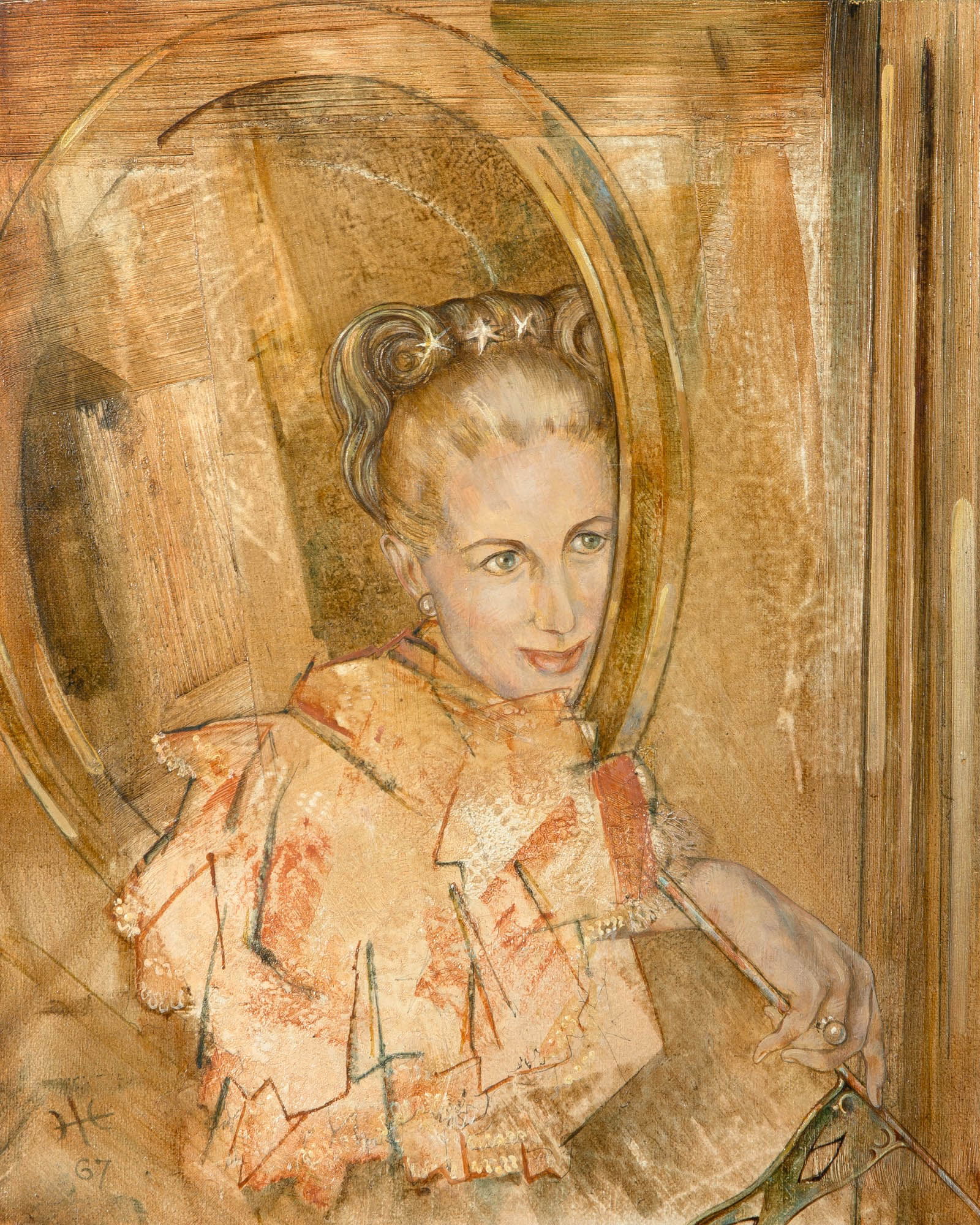 20th Century School: Portrait of Marylou Whitney, 1967Monogrammed indistinctly and dated 67 (ll)Oil on canvas16 x 13 inches (40.6 x 33 cm) (Framed 21 1/4 x 18 1/2 inches) No apparent damage or restoratio
