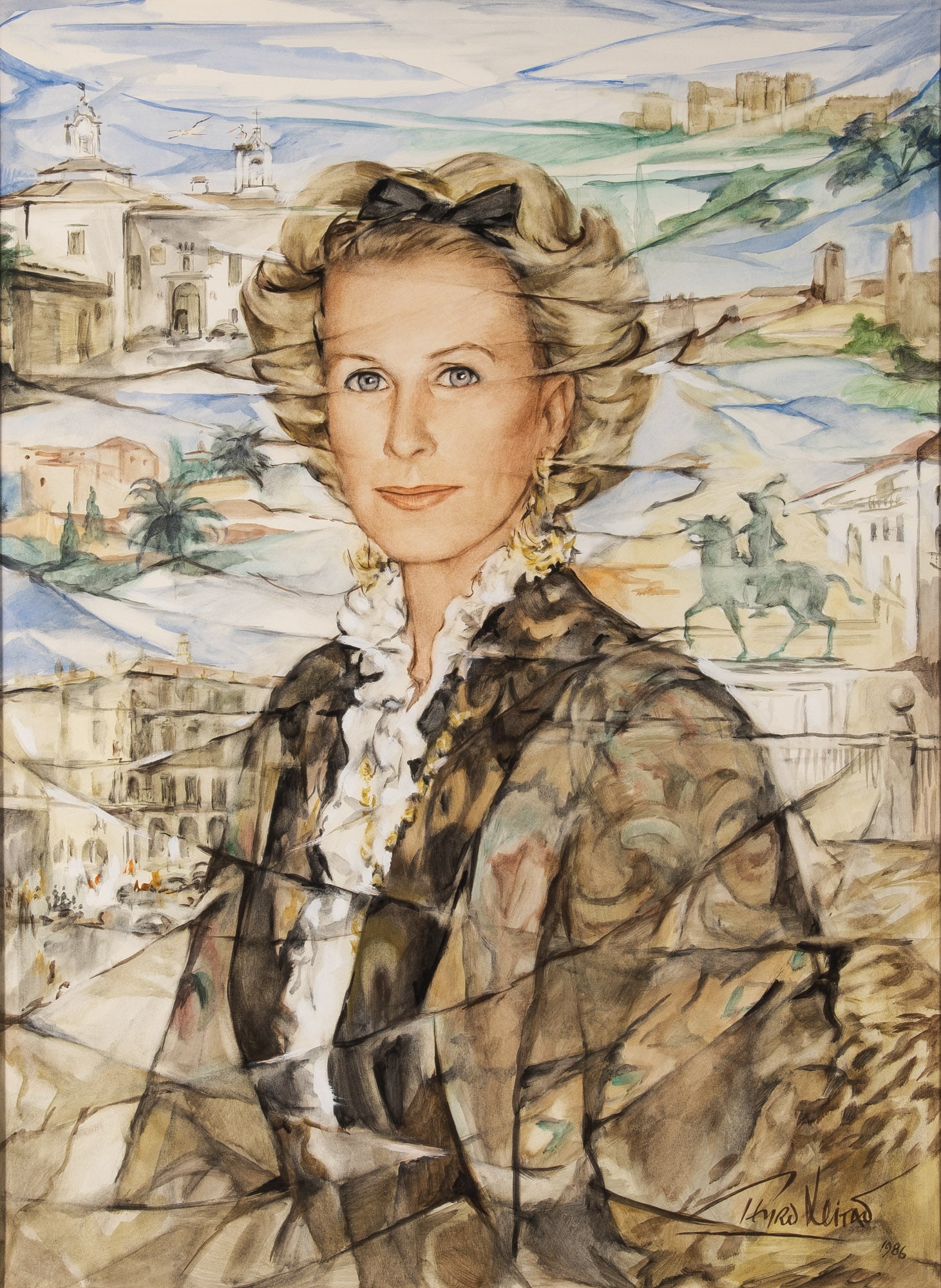Pedro Leitao: Portuguese, 1922-2009 Portrait of Marylou Whitney Hendrickson, 1986 Signed and dated Pedro Leitao/ 1986 (lr) Watercolor on paper Sight 29 1/2 x 21 1/2 inches (74.9 x 54.6 m) (Framed 43 x 34 1/2