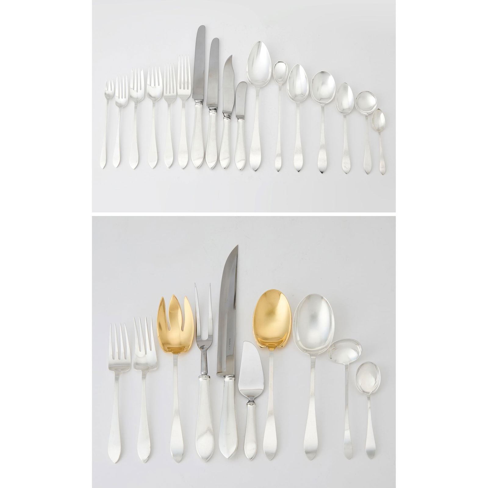 Tiffany & Co. Sterling Silver "Faneuil" Pattern Flatware Service: Comprising: Seventeen lunch forksSeventeen dinner forksTwelve cocktail forksTwelve fish forksTwenty-four fruit forksEighteen dessert forksTwenty-three dinner knivesTwenty-four lunch knivesEight