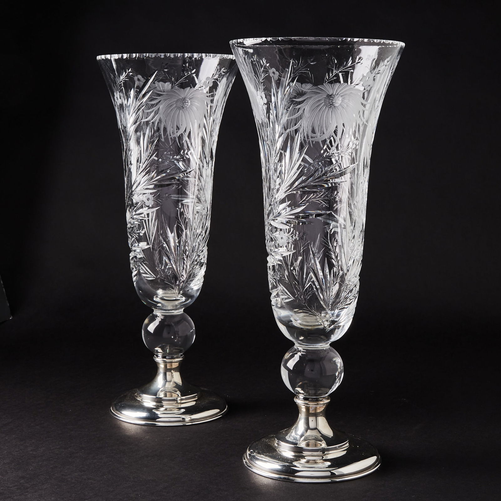 Pair of Hawkes Sterling Silver Mounted Blown and Wheel-Engraved Glass Vases (1 of 6)