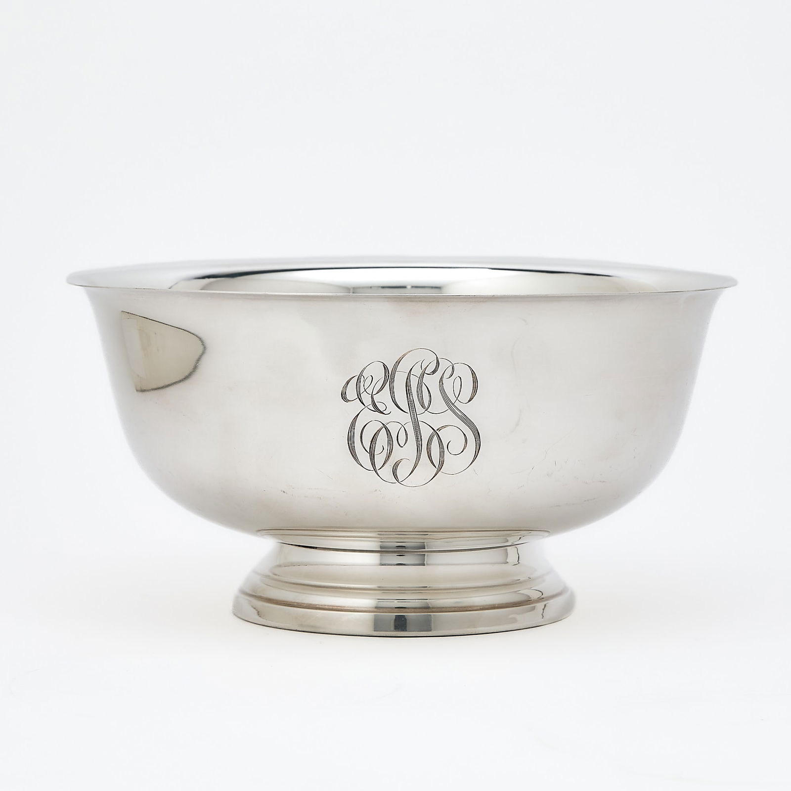 American Sterling Silver Footed Bowl: Preisner, 20th century In the Revere style, engraved with a monogram E.J.S., the base engraved: For the Johnsons from Their Friends in The Hunt Club. Diameter 9 7/8 inches, approximately 19 ounces.