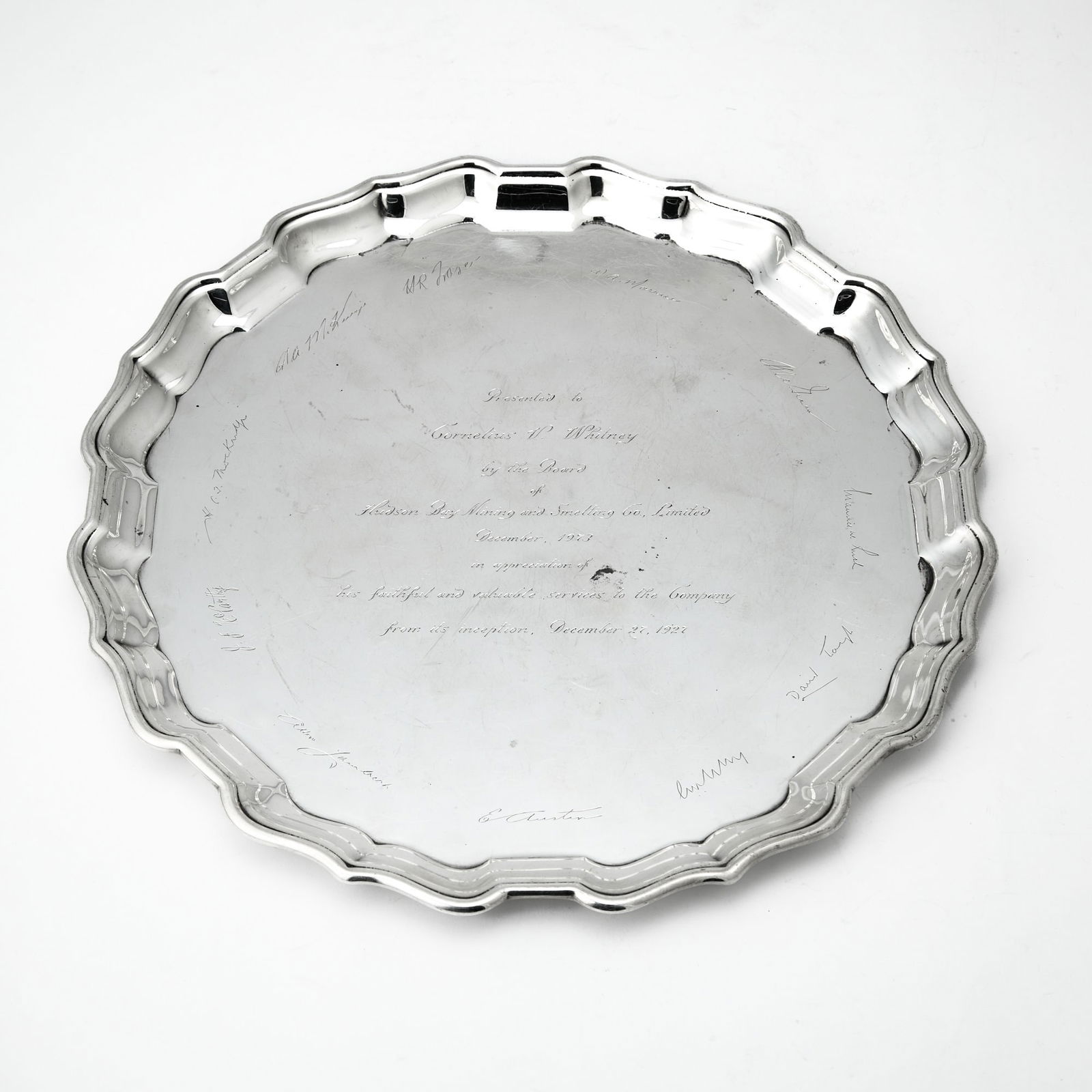 Canadian Sterling Silver Presentation Salver, Presented to C.V. Whitney: Birks, Toronto, circa 1973 Shaped circular, engraved Presented to Cornelius V. Whitney by the Board of Hudson Bay Mining & Smelting Co., Limited December, 1973 in appreciation of his faithful and