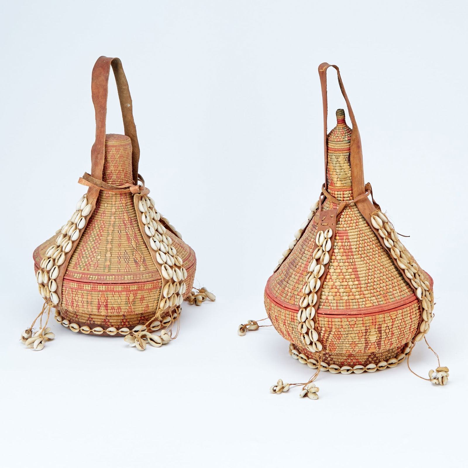 Two Ethiopian Harari Baskets Made of Woven Grass, Leather and Beaded Shells (1 of 2)