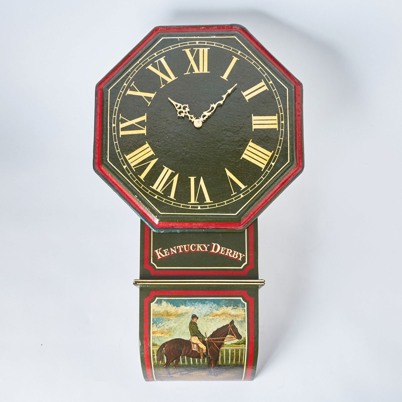 Kentucky Derby Painted Wood Wall Clock: 20th Century Battery operated. Height 32 inches,width 18 inches, depth 7 inches. untested