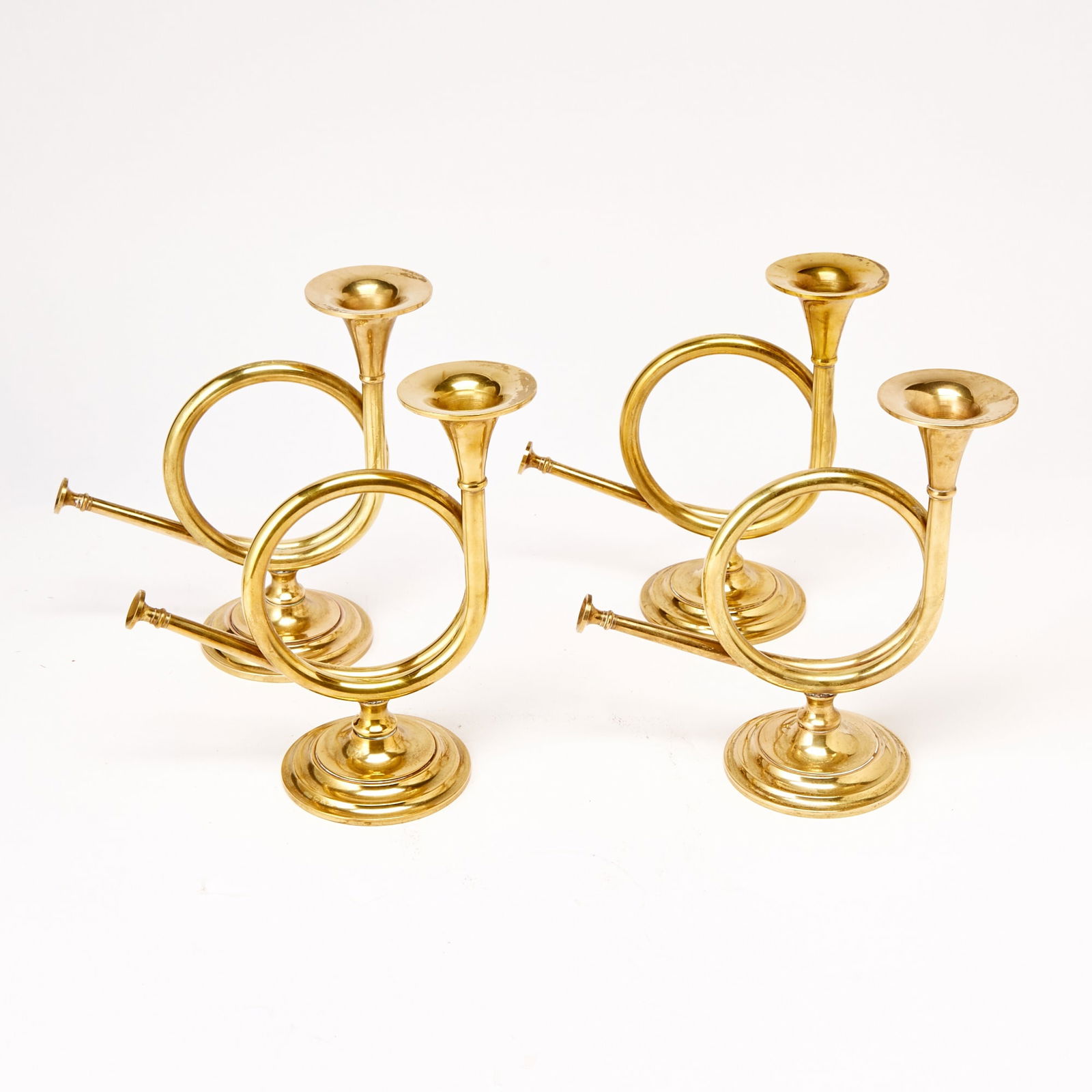 Set of Four Brass Hunting Horn Form Candlesticks: Modern Height 9 inches.
