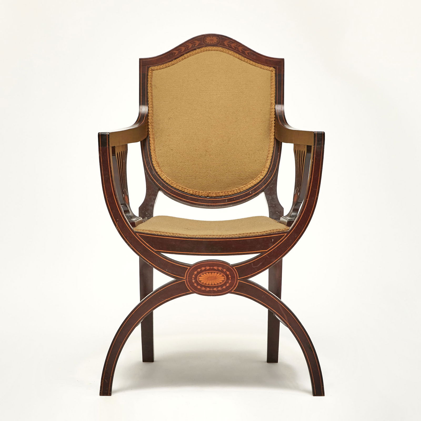 Edwardian Inlaid Mahogany Curule Form Armchair: Circa 1900 Height 37inches, width 23 inches, depth 18 inches.