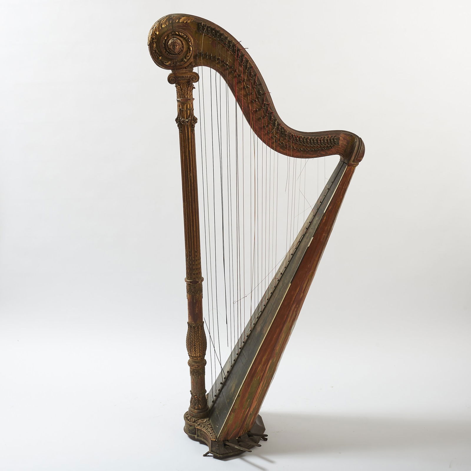 Louis XVI Painted and Giltwood Pedal Harp, Cousineau Père et Fils: Late 18th/early 19th century Hand-painted with Neoclassic decoration of putti and birds in a landscape, the metal plate on the neck engraved Cousineau. Height 67 inches, width 30 inches, depth 20 inch