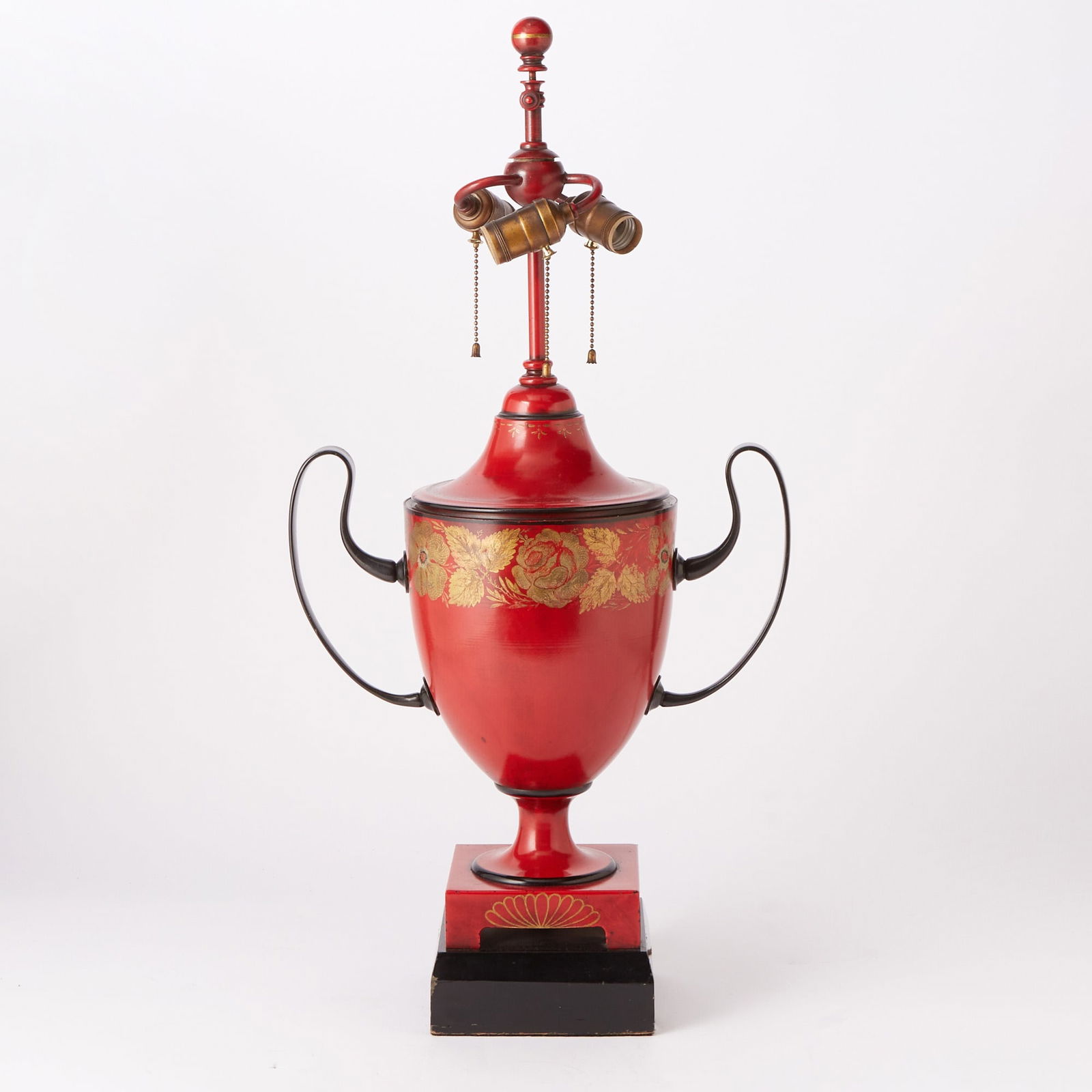 French Red Tôle Table Lamp: 20th CenturyOf two-handled covered urn form. Height 20 inches.