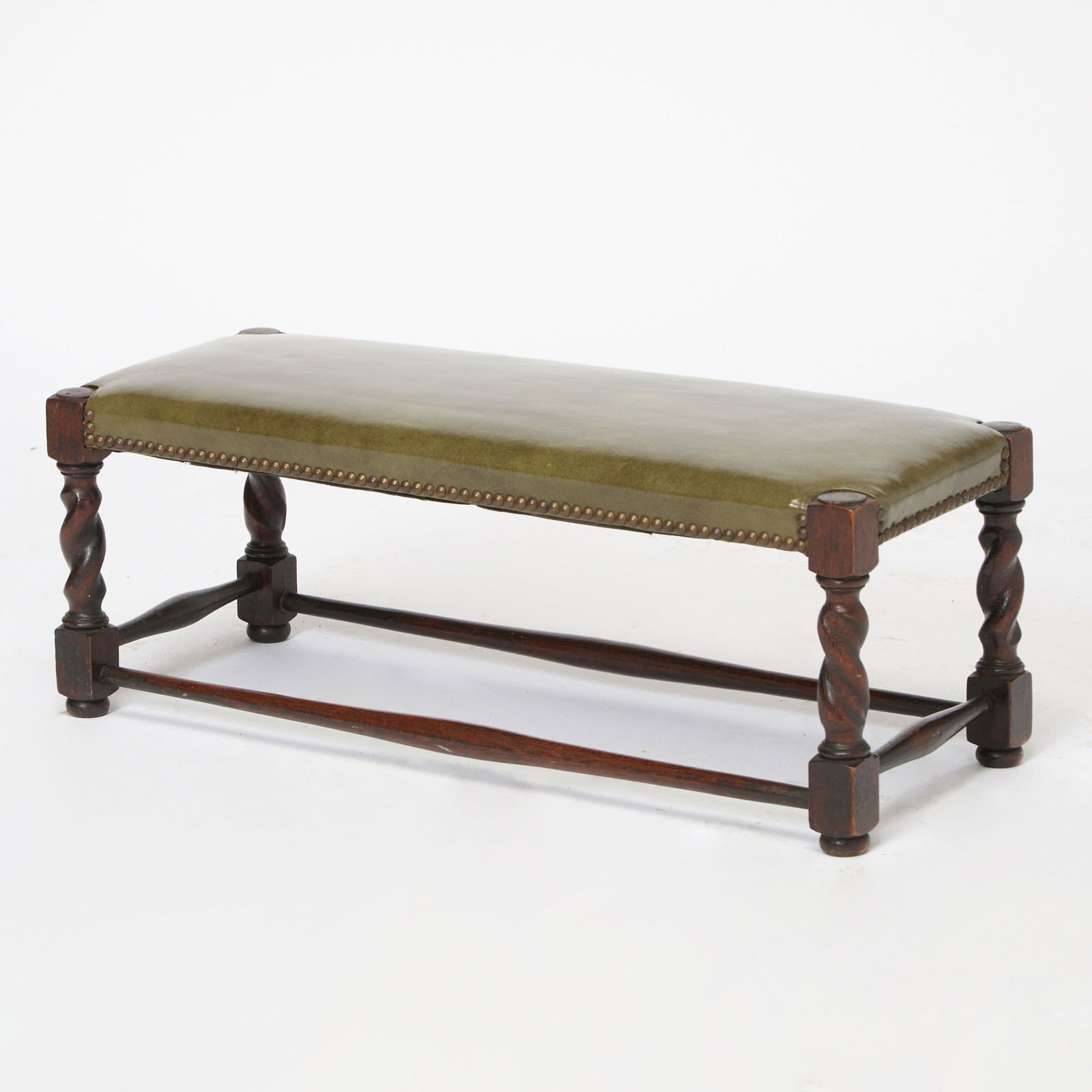 William and Mary Style Oak and Leather Upholstered Bench: Late 19th centuryHeight 11 inches, width 30 inches, depth 12 inches. 