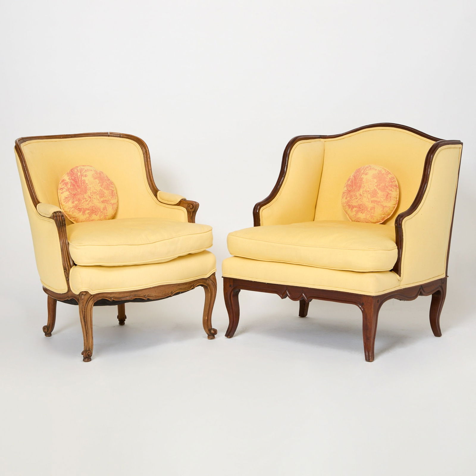 Louis XV Style Walnut Marquis Chair: 20th CenturyHeight 37 inches, width 32 inches, depth 28 inches; Together with a Louis XV Style Bergère. 20th Century. 