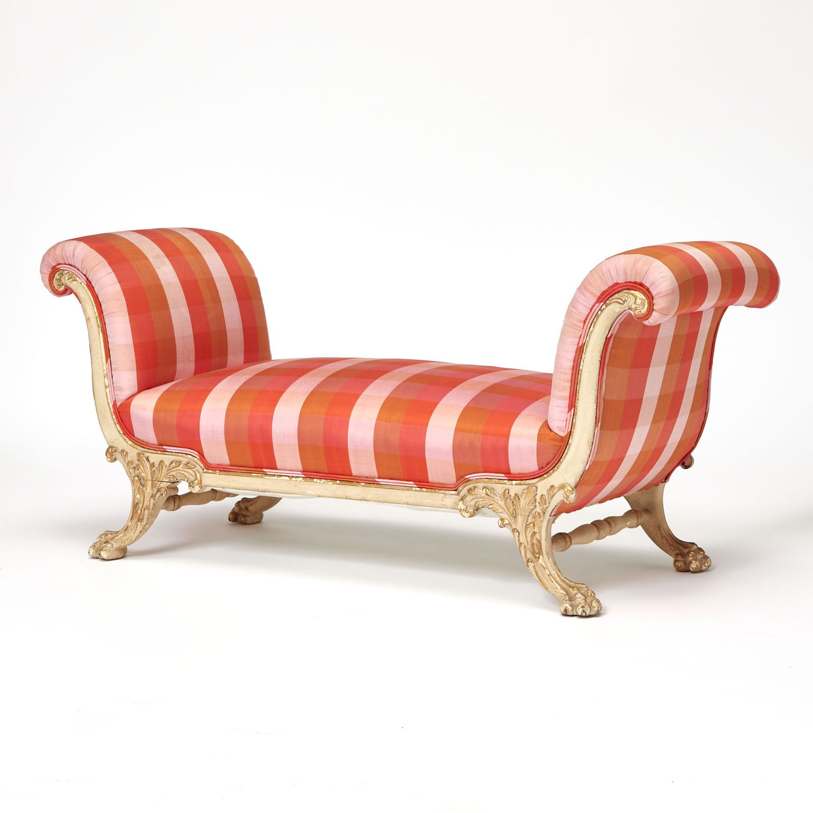 George III Style Upholstered Painted Wood Bench: 20th CenturyHeight 24 inches, width 51 inches, depth 20 inches. 