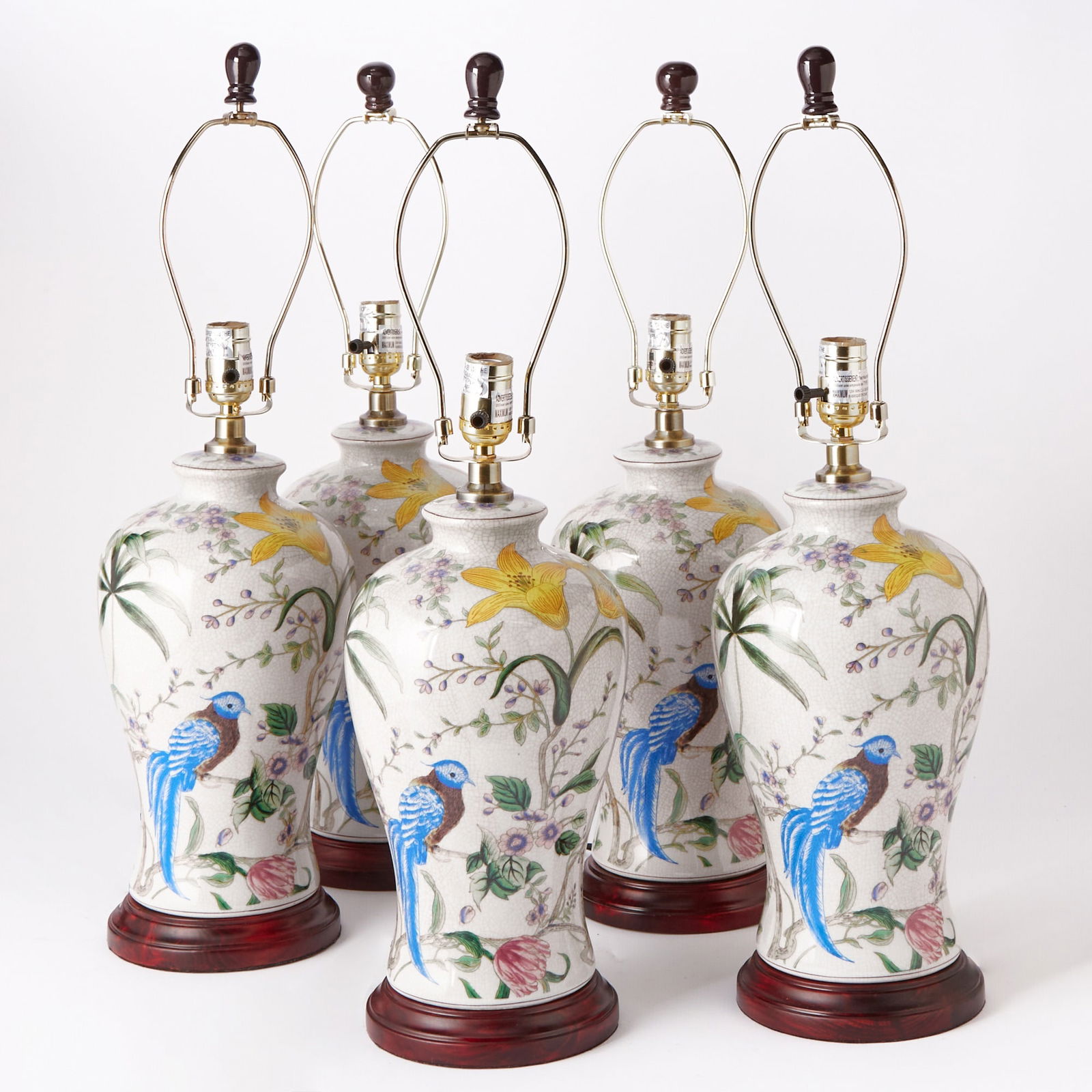 Five Chinese Porcelain Table Lamps with Bird Decoration: 20th CenturyHeight 26 inches. 