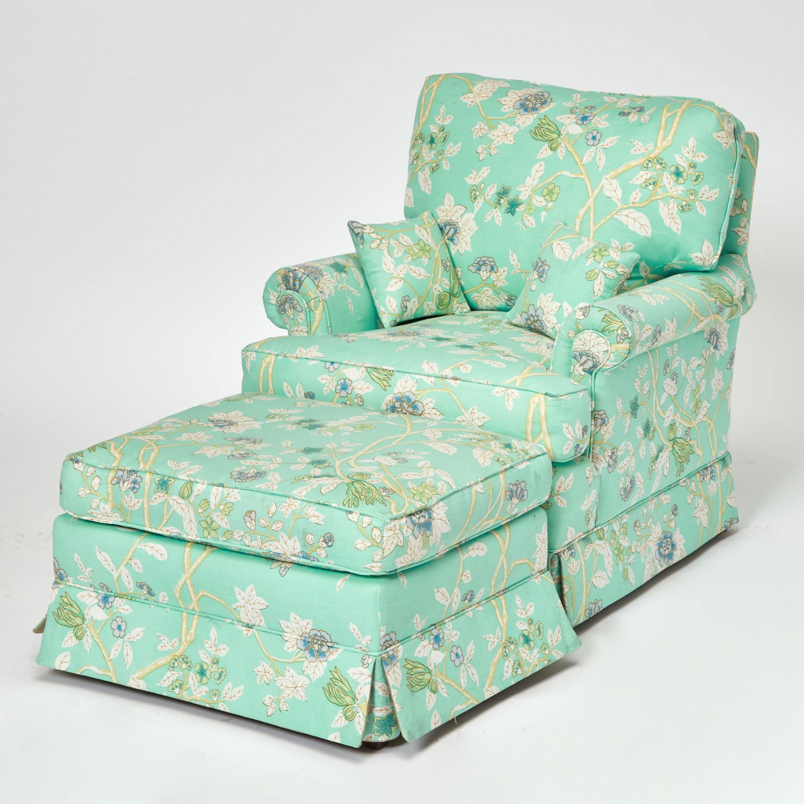 Upholstered Club Chair and Ottoman: Height of chair 32 inches, width 29 inches, depth 32 inches; height of ottoman 16 inches, width 28 inches, depth 20 inches.