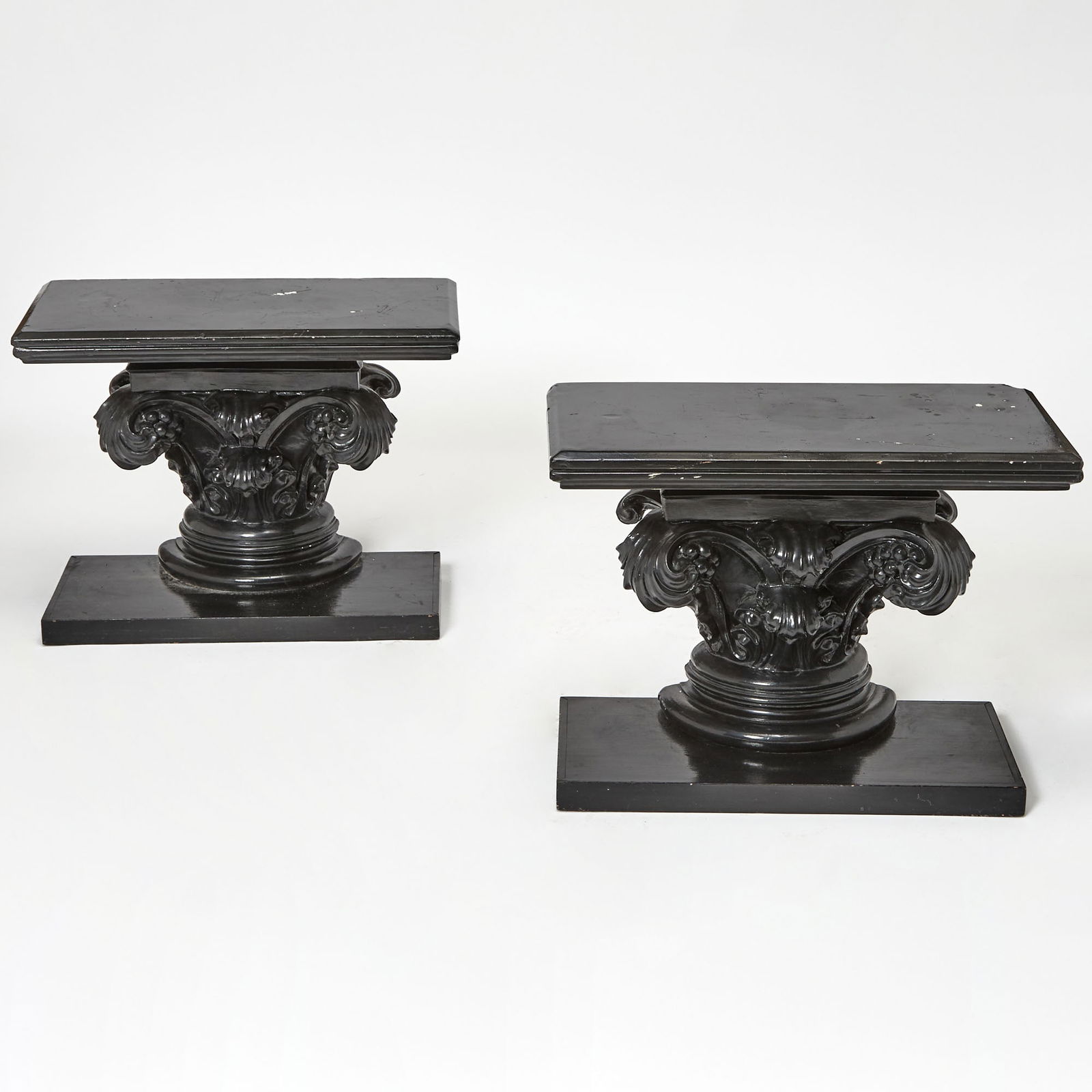 Pair of Black Painted Wood and Composition Corinthian Capital Side Tables (1 of 2)