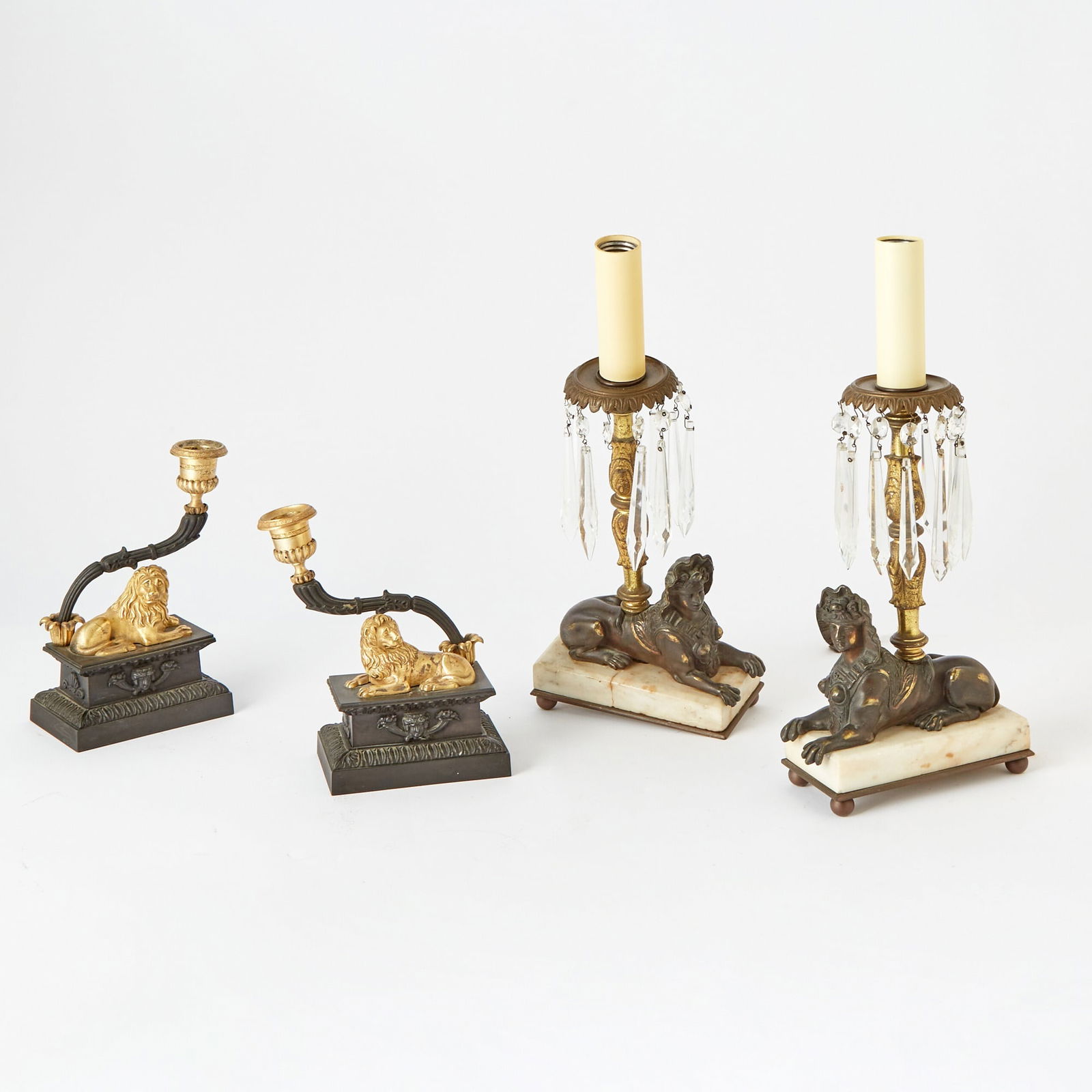 Pair of Gilt and Patinated Metal Recumbent Lion Candlesticks (1 of 4)
