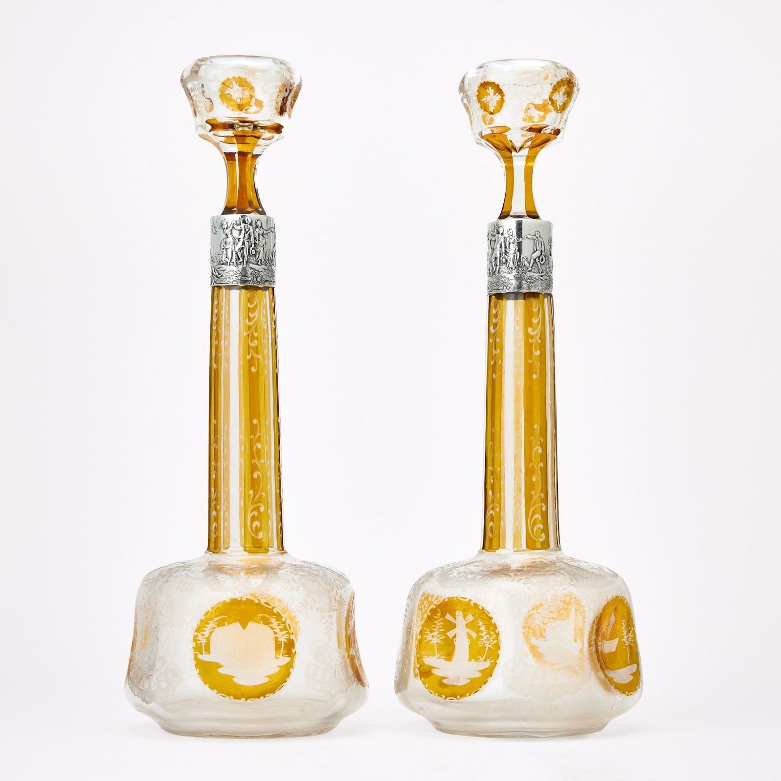 Pair of Continental Silver-Mounted Blown, Cut, and Amber Flashed Glass Decanters and Stoppers (1 of 5)