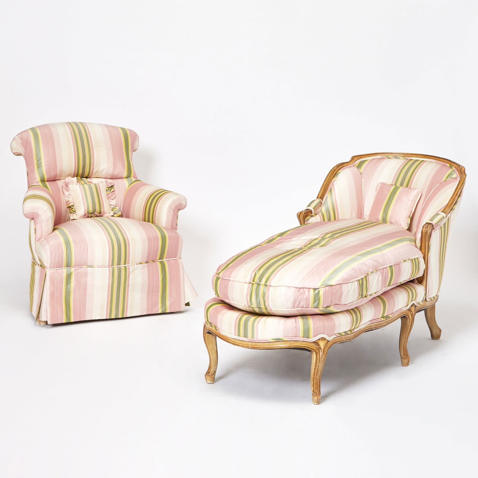 Louis XV Style Painted Chaise Lounge: Both 20th Century Together with a Modern Upholstered Club Chair. Height of chaise lounge 32 inches, width 57 inches, depth 26 inches; height of club chair 34 inches, width 20 inches, depth 27 inches.