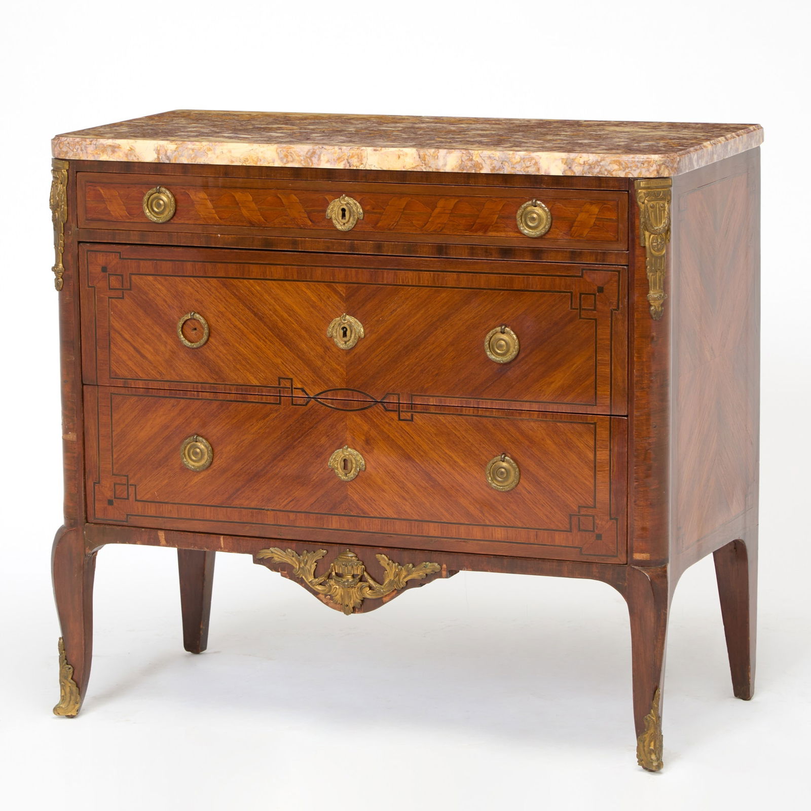 Louis XV/XVI Transitional Style Marble Top Parquetry Chest of Drawers (1 of 5)