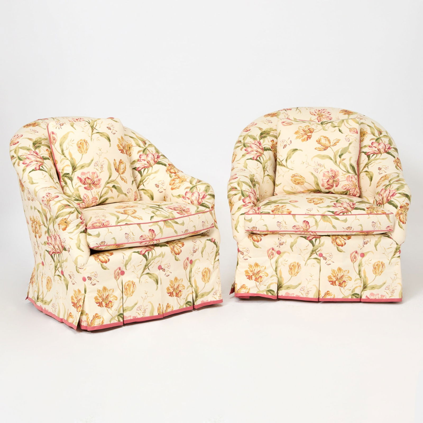 Pair of Upholstered Club Chairs: 20th Century Height 35 inches, width 34 inches, depth 22 inches.