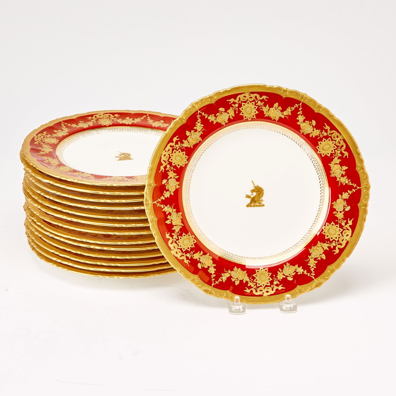 Set of Fourteen Royal Crown Derby Gilt Decorated Porcelain Heraldic Dinner Plates (1 of 3)