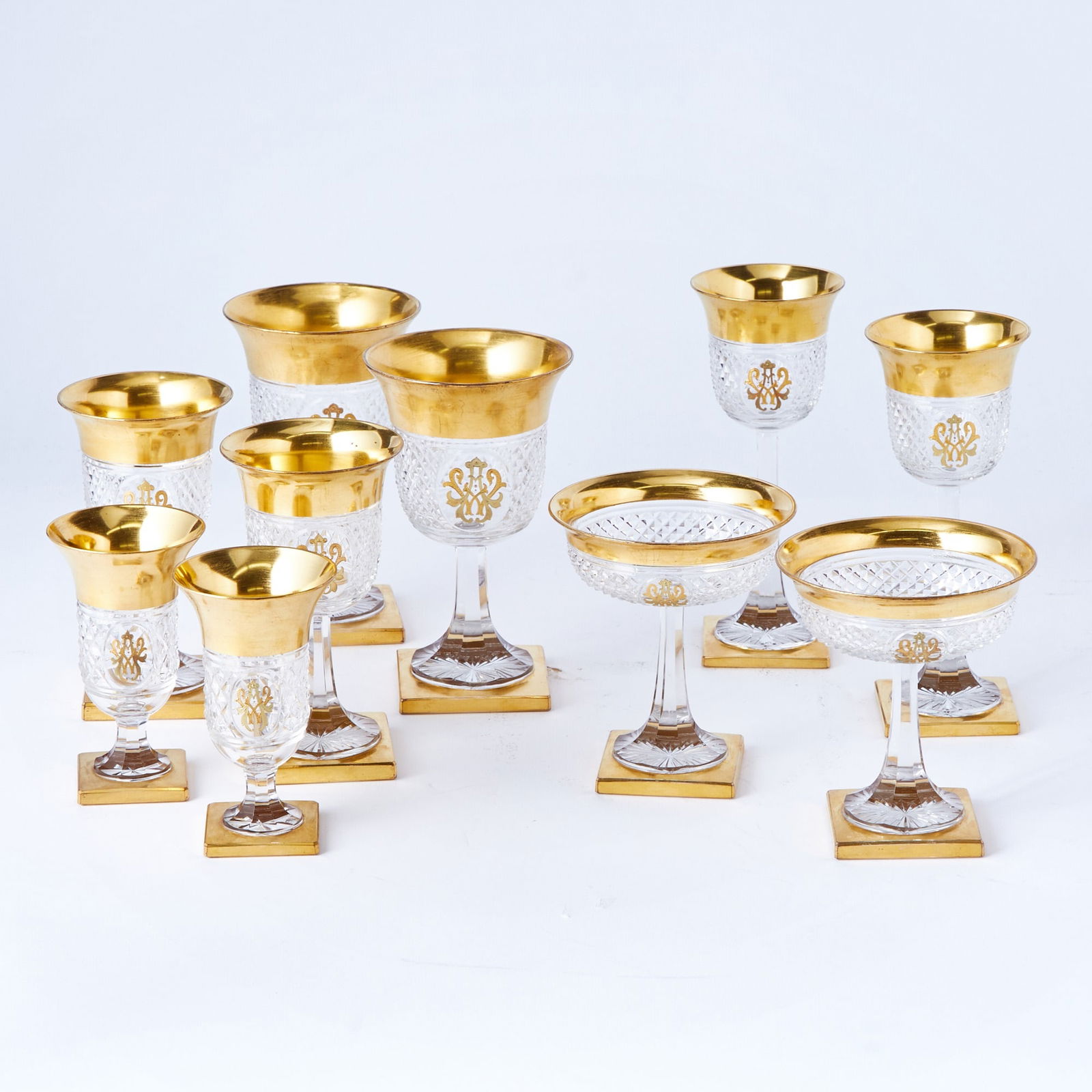 Blown, Cut and Gilt Decorated Glass Partial Stemware Service: Each with the Whitney monogram and a square foot, comprising: Eleven water goblets, height 6 1/2 inches