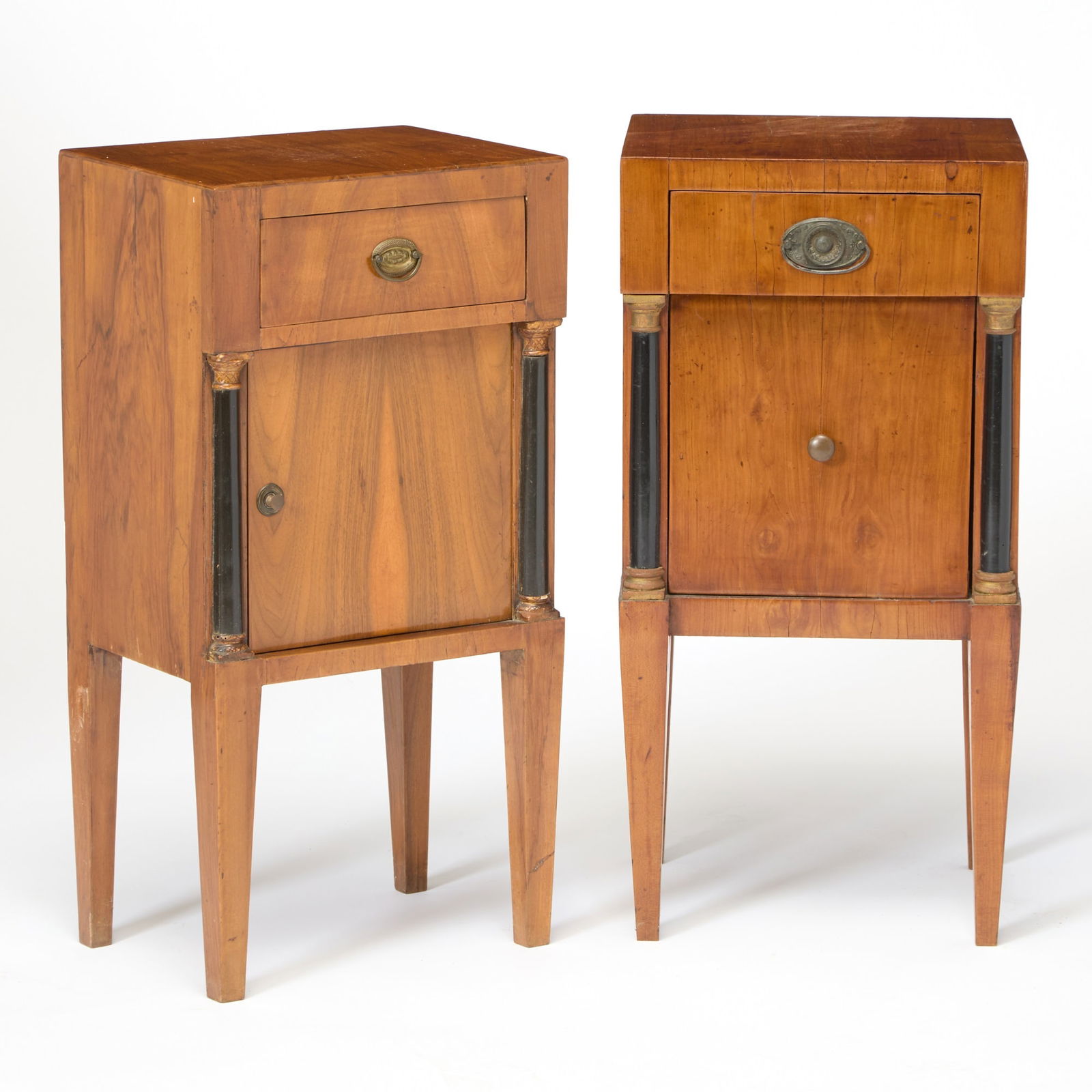Two Similar Neoclassical Style Part Ebonized Walnut Bedside Cabinets: 19th Century Height 31 1/2 inches, width 16 inches, depth 14 inches.