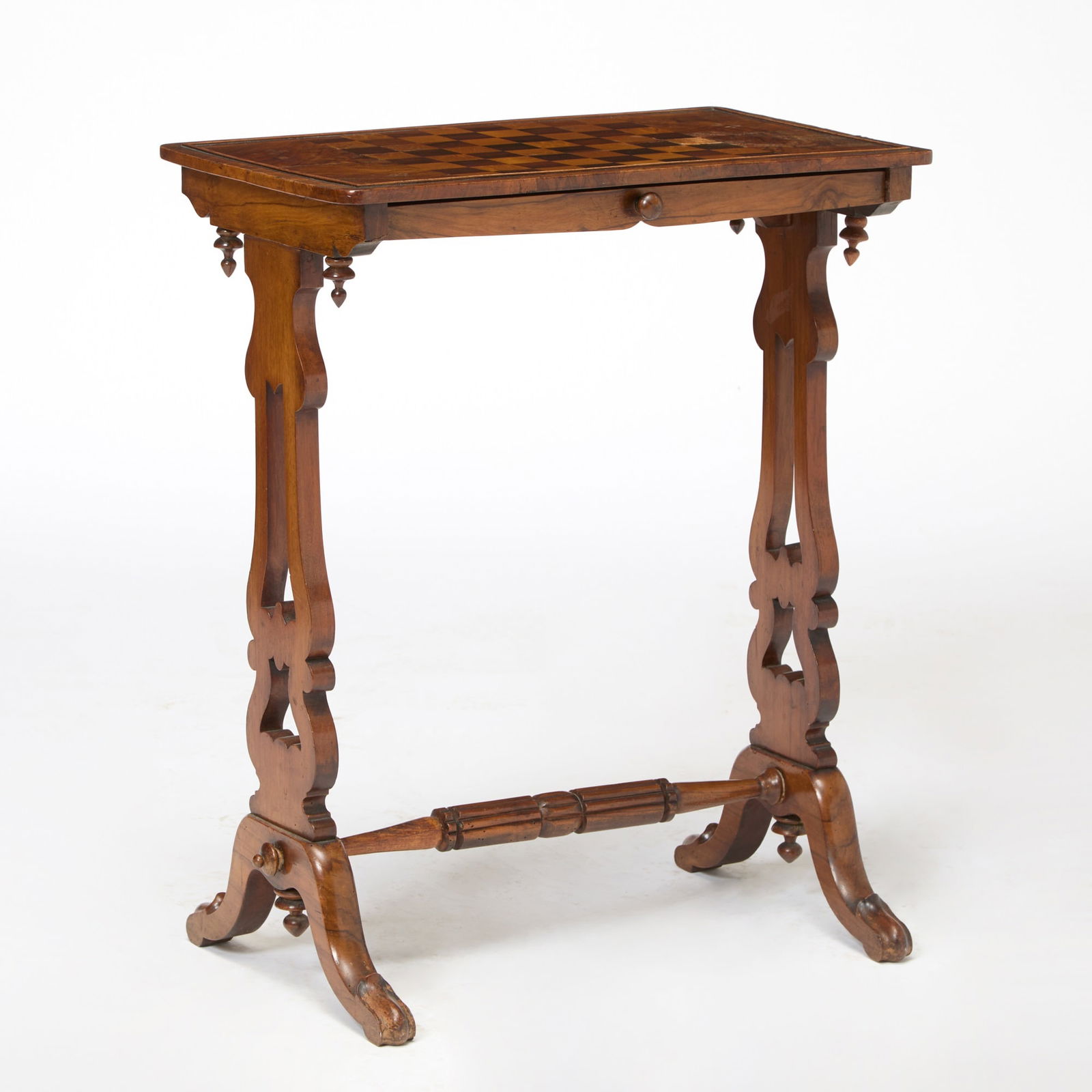 Victorian Inlaid Walnut Games Table: 19th Century Height 28 inches, width 22 inches, depth 14 inches. damaged finish, scratches