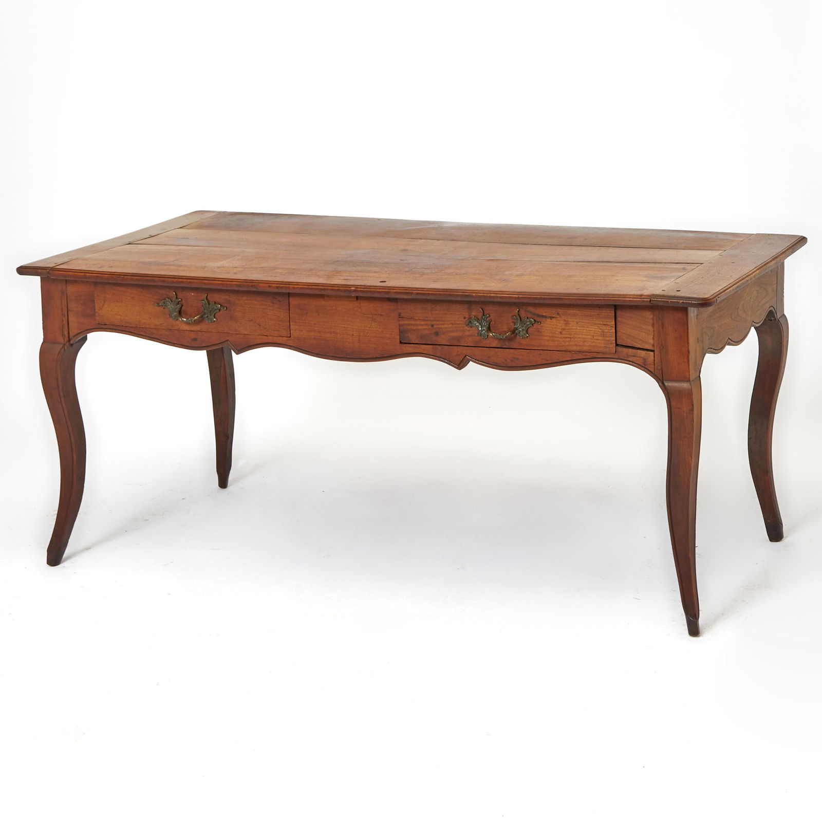 French Provincial Walnut Bureau Plat: 18th Century With two drawers. Height 29 inches, width 65 inches, depth 32 3/4 inches. large shrinkage cracks on the top, left leg seperating at the joint, tight fitting left drawer