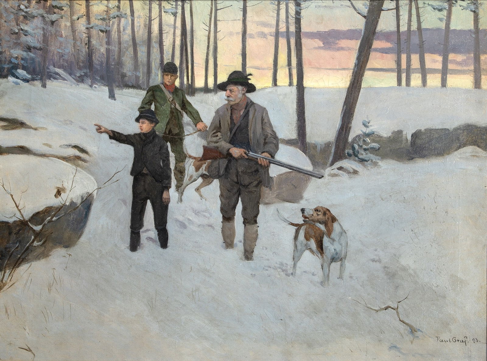 Paul Edmund Graf: Swedish, 1866-1903 A Winter Hunt, 1883 Signed and dated Paul Graf 83 (lr) Oil on canvas 18 x 24 inches (45.7 x 61 cm) Provenance: Schillay Fine Art, Inc., New York (Framed 28 1/2 x 34 5/8 inches) 