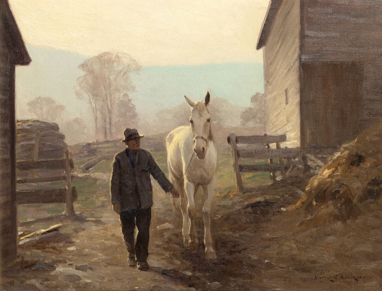 Victor Coleman Anderson: American, 1882-1937 The End of the Day Signed Victor C. Anderson (lr); inscribed as titled and with the artist's address on the reverse Oil on canvasboard 13 3/4 x 17 7/8 inches (35 x 44.4 cm) 