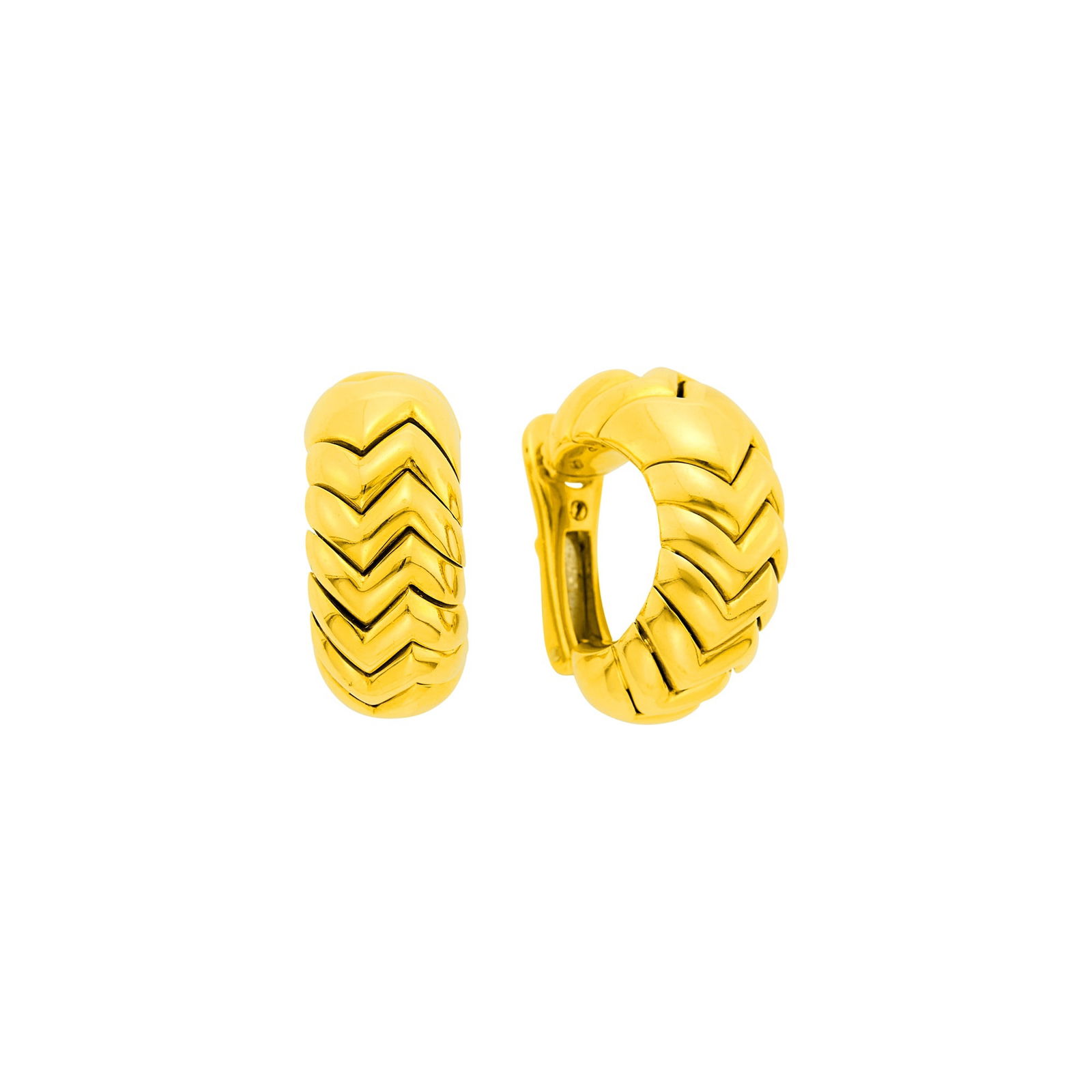 Bulgari Pair of Gold 'Spiga' Half-Hoop Earclips: 18 kt., signed Bulgari, Made in Italy, with Italian assay marks, ap. 18.4 dwts. With signed box. Clip-backs. 1 x 3/4 inch. Widths 7/16 inch.