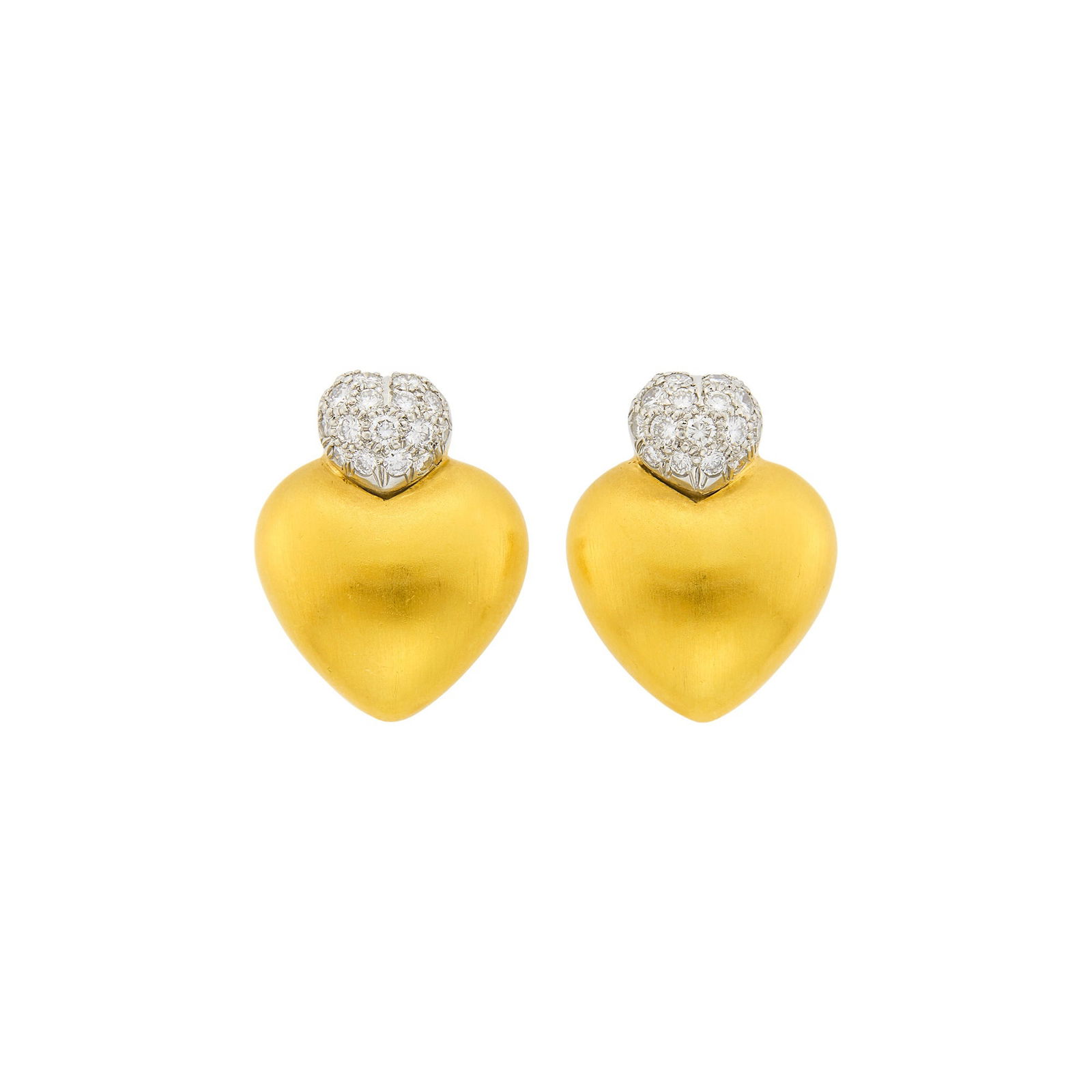 Marlene Stowe Pair of Gold, Platinum and Diamond Heart Earclips: 18 kt., 38 round diamonds ap. 1.25 cts., signed M. Stowe, ap. 13.7 dwts. Diamonds: H-I-VS. Clip-backs. 1 x 3/4 inch.