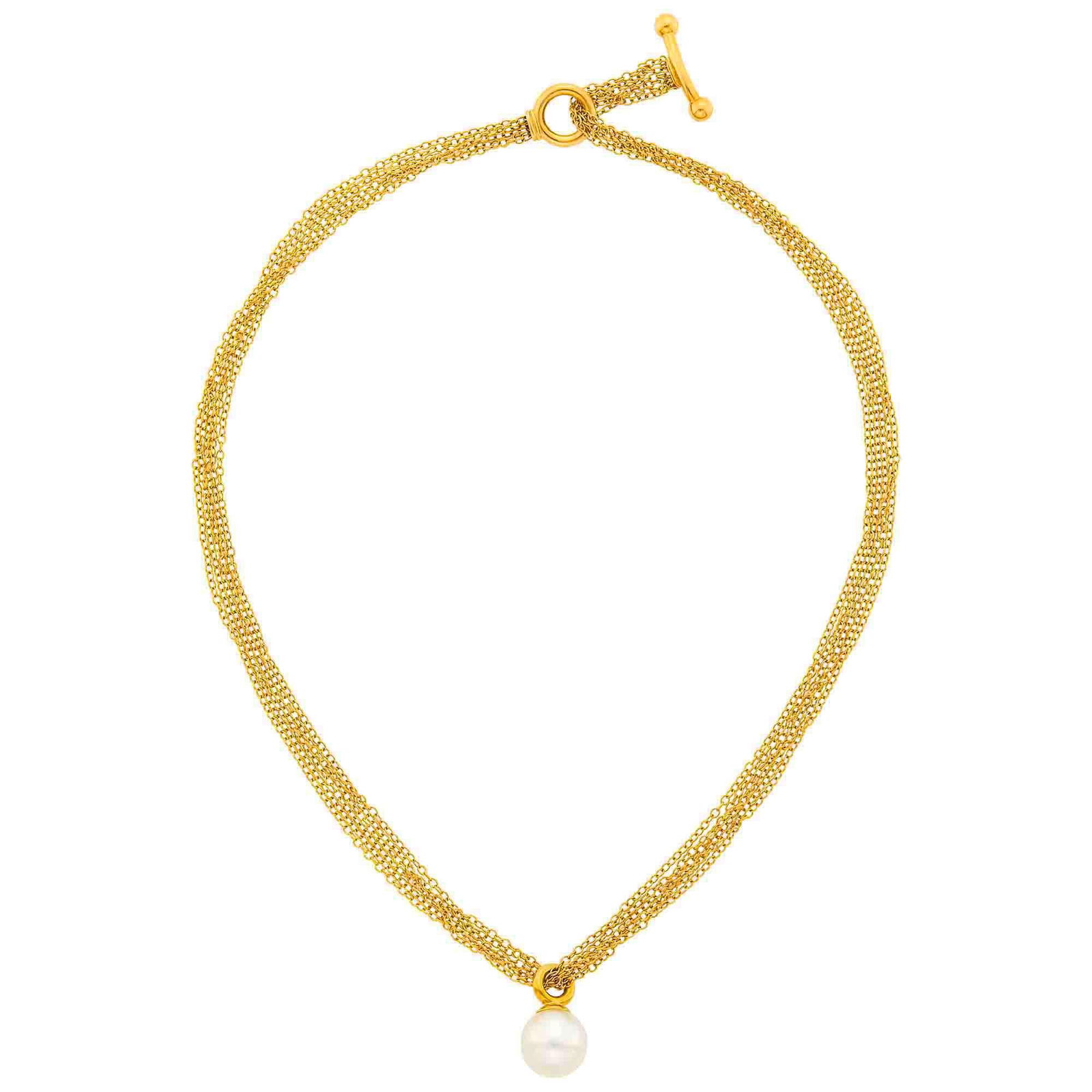 Tiffany & Co. Multistrand Gold and Cultured Pearl Toggle Necklace: 18 kt., one pearl ap. 11.7 mm., signed Tiffany & Co., 2003, ap. 13 dwts. gross. Length 17 3/4 inches. Pearl: white with purple, pink and green orient, smooth, very high luster.